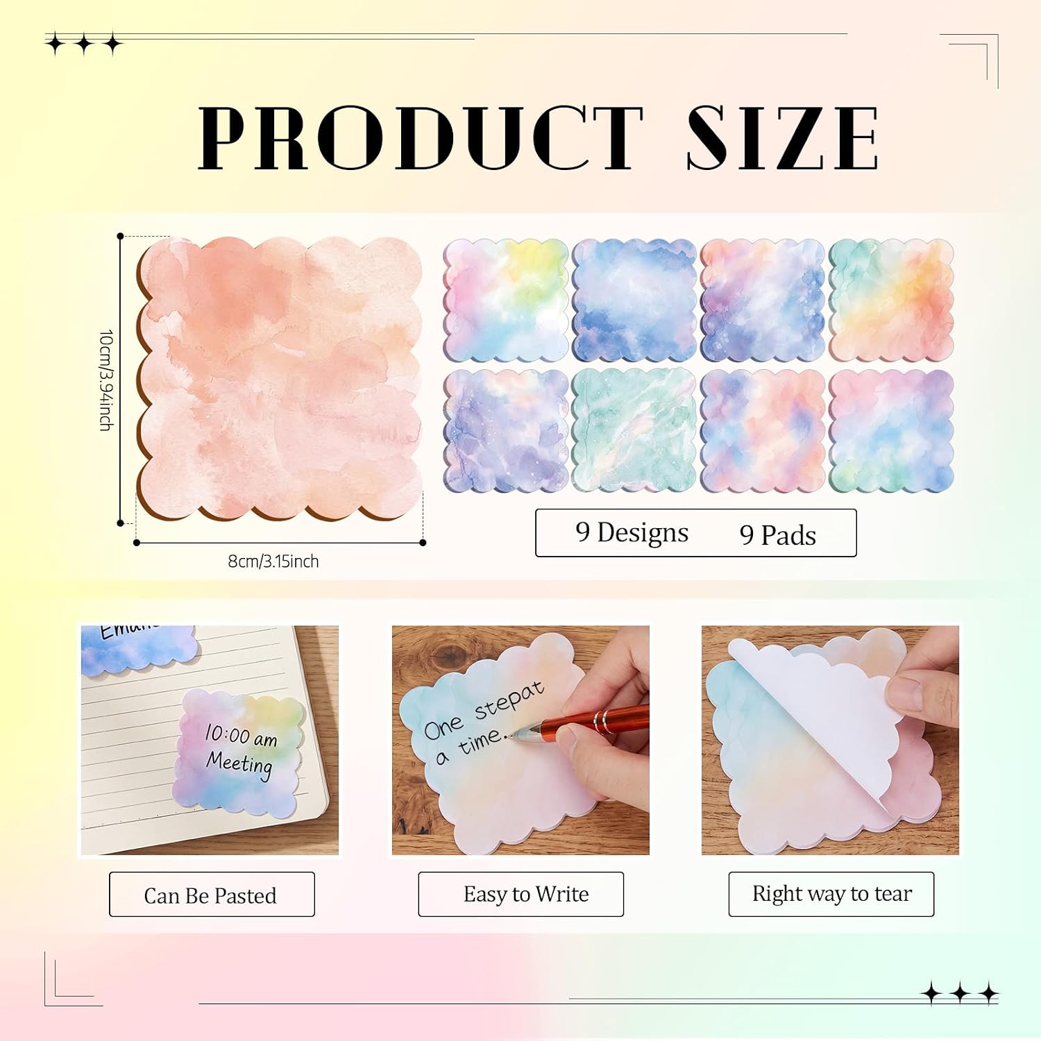 9 Pcs Scalloped Sticky Notes 3x3 Inch,Watercolor image 4