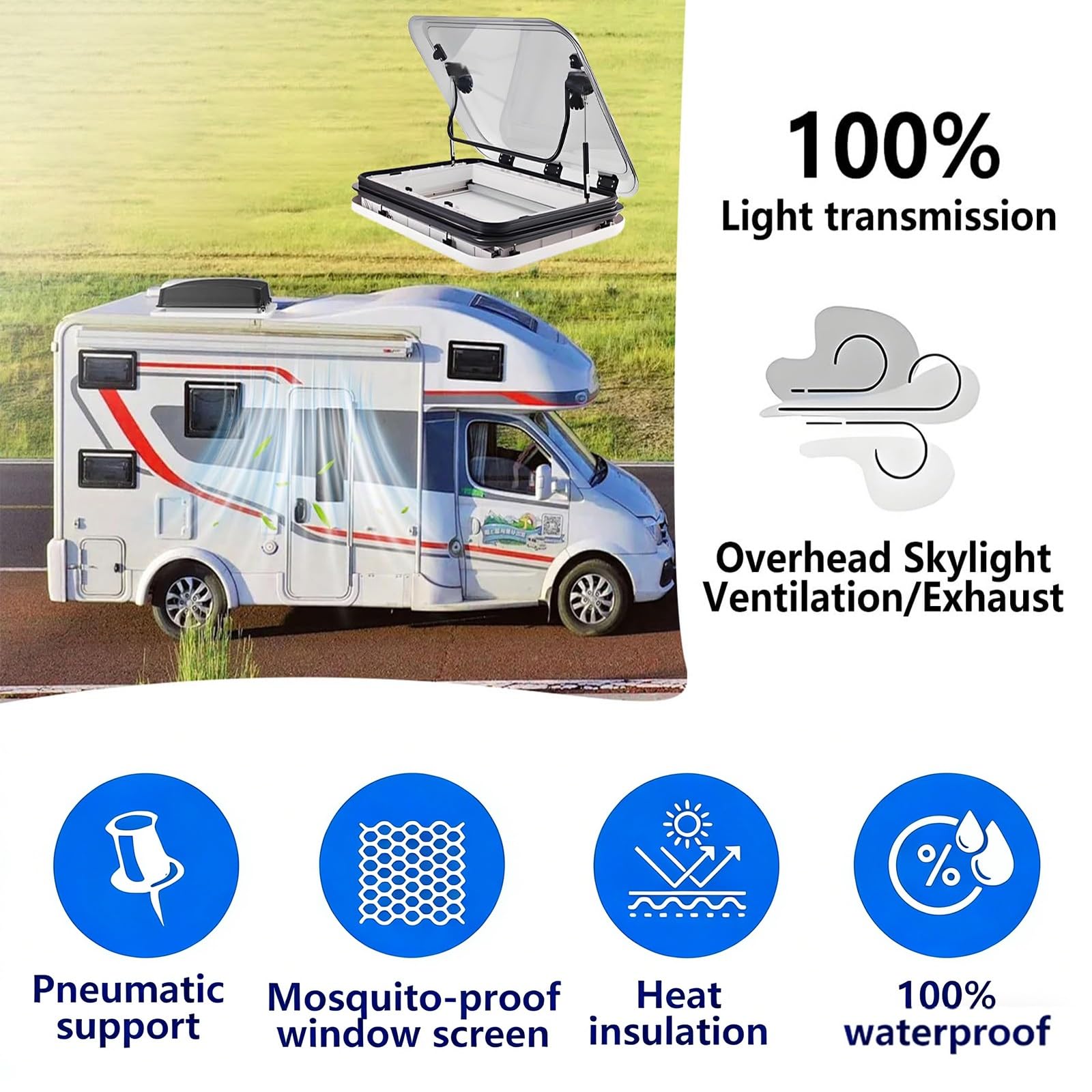 Ventilazione per tetto di camper, oblò con ventilazione forzata + LED, spessore del tetto 25-60 mm, finestra da tetto in lega di alluminio per roulotte e camper(700 * 500mm (27.6 * 19.7in))