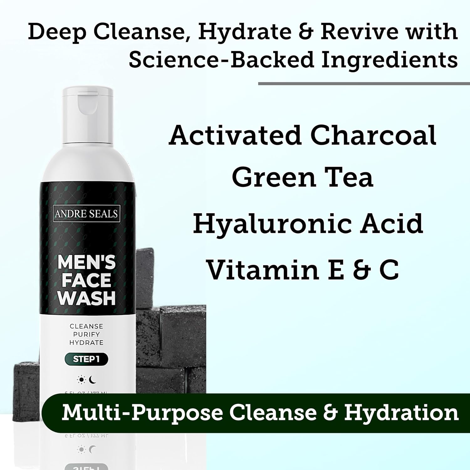 Mens Face Wash | Facial Cleanser with Activated Charcoal, Hyaluronic Acid & Green Tea | Exfoliate, Deep Pore Cleansing & Hydrating Facial Cleanser | Exfoliating Face Wash | Mens Skin Care
