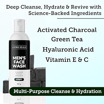 Mens Face Wash | Facial Cleanser with Activated Charcoal, Hyaluronic Acid & Green Tea | Exfoliate, Deep Pore Cleansing & Hydrating Facial Cleanser | Exfoliating Face Wash | Mens Skin Care