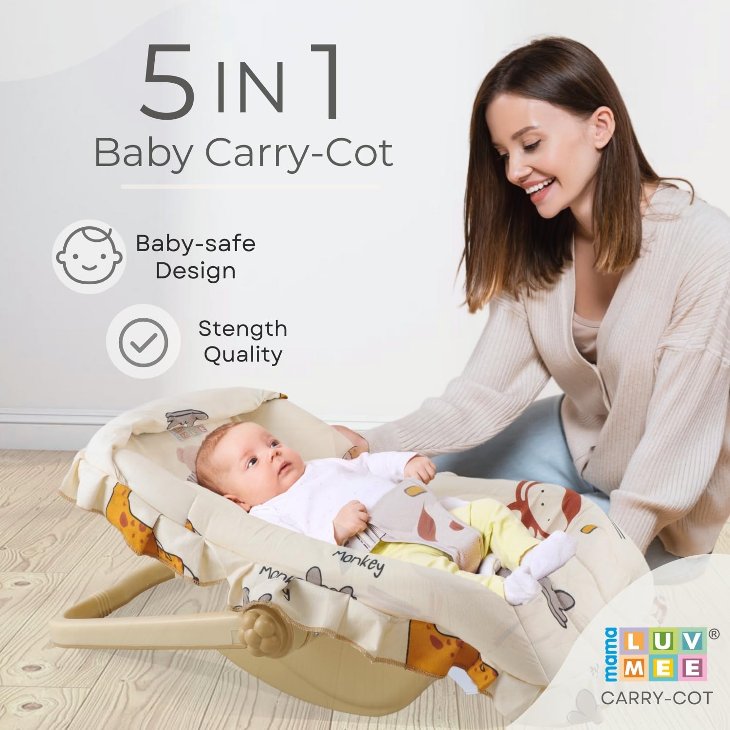 Mama Luv Mee 5 in 1 DLX Baby Carry Cot & Rocking Chair with Adjustable Handle | Large Canopy | Safety Lap Belt | Anti-Mosquito | Double Cushioned Washable Seat (Beige) (5 in 1) - Image 2 thumbnail