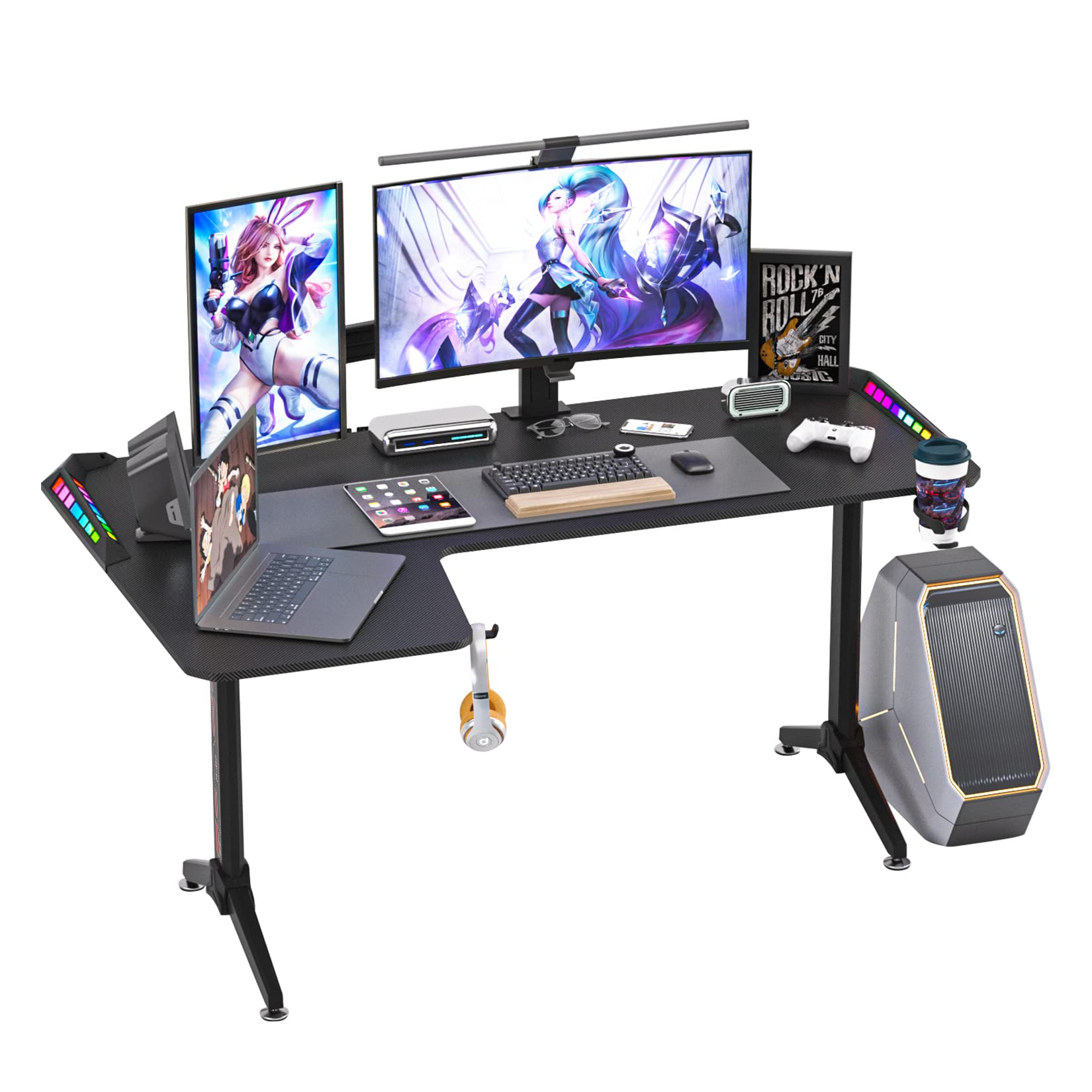 Computer Gaming Desk RGB LED:L-Shape Larger Game Table 160cm x 100cm Carbon Fiber Black Desktop Gamer Desks with 6 Colors 8 Modes RGB Offer Cable Management Box Headphone Hook and Cup Holder,Left