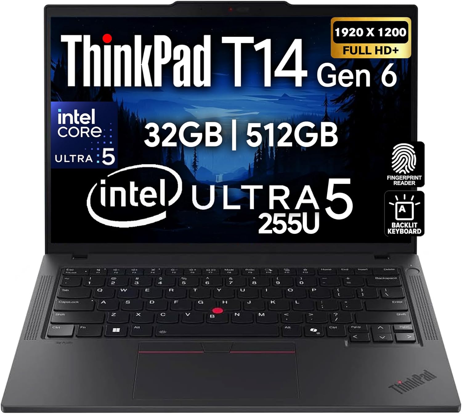 Lenovo ThinkPad T14 Gen 6, 14" FHD+ Display, Intel Ultra 7 225U, 16GB DDR5 RAM, 512GB SSD PCIe, Fingerprint, Backlit Keyboard, WiFi 6E, RJ-45, FHD Webcam, Win 11 Pro, AI Business Laptop - Black