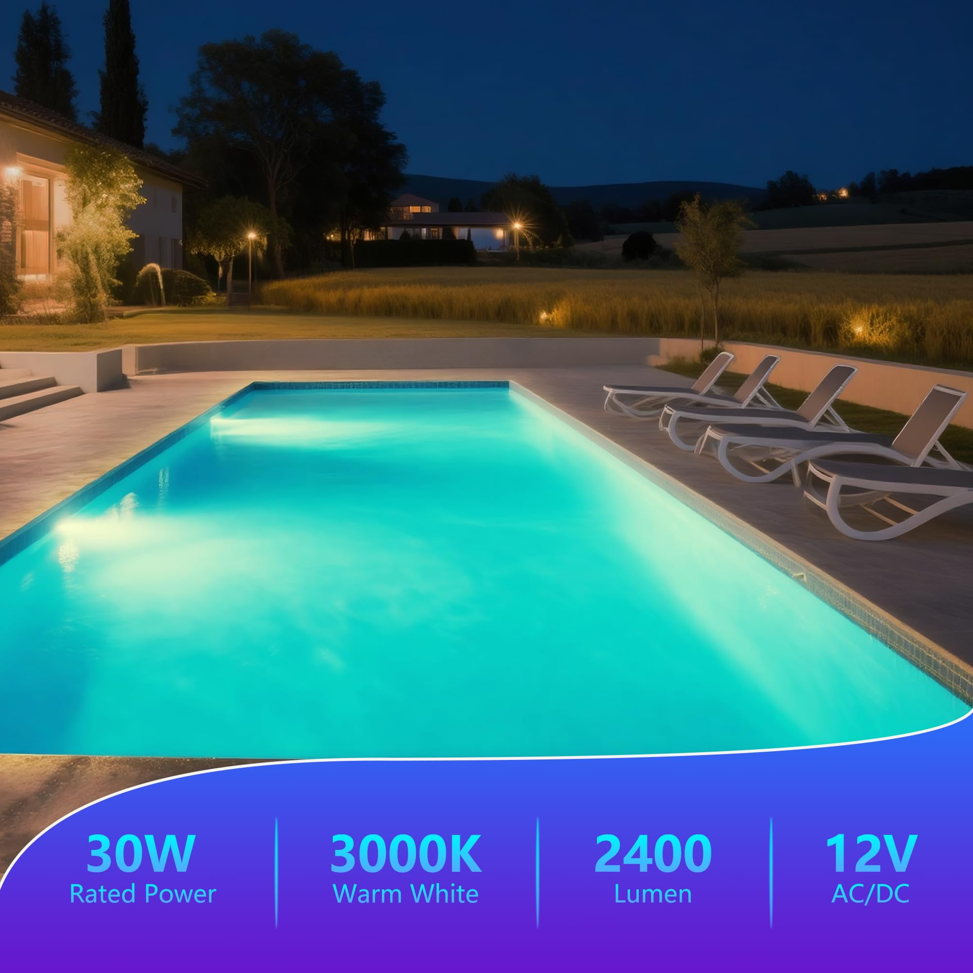 LED Poolbeleuchtung PAR56, 30W Harz Gefüllt Unterwasserscheinwerfer Nicht Dimmbar 2400lm, 12V AC/DC Poollampen IP68 Wasserdichte, für Folien, Fertig und Betonbecken, Warmweißes Licht