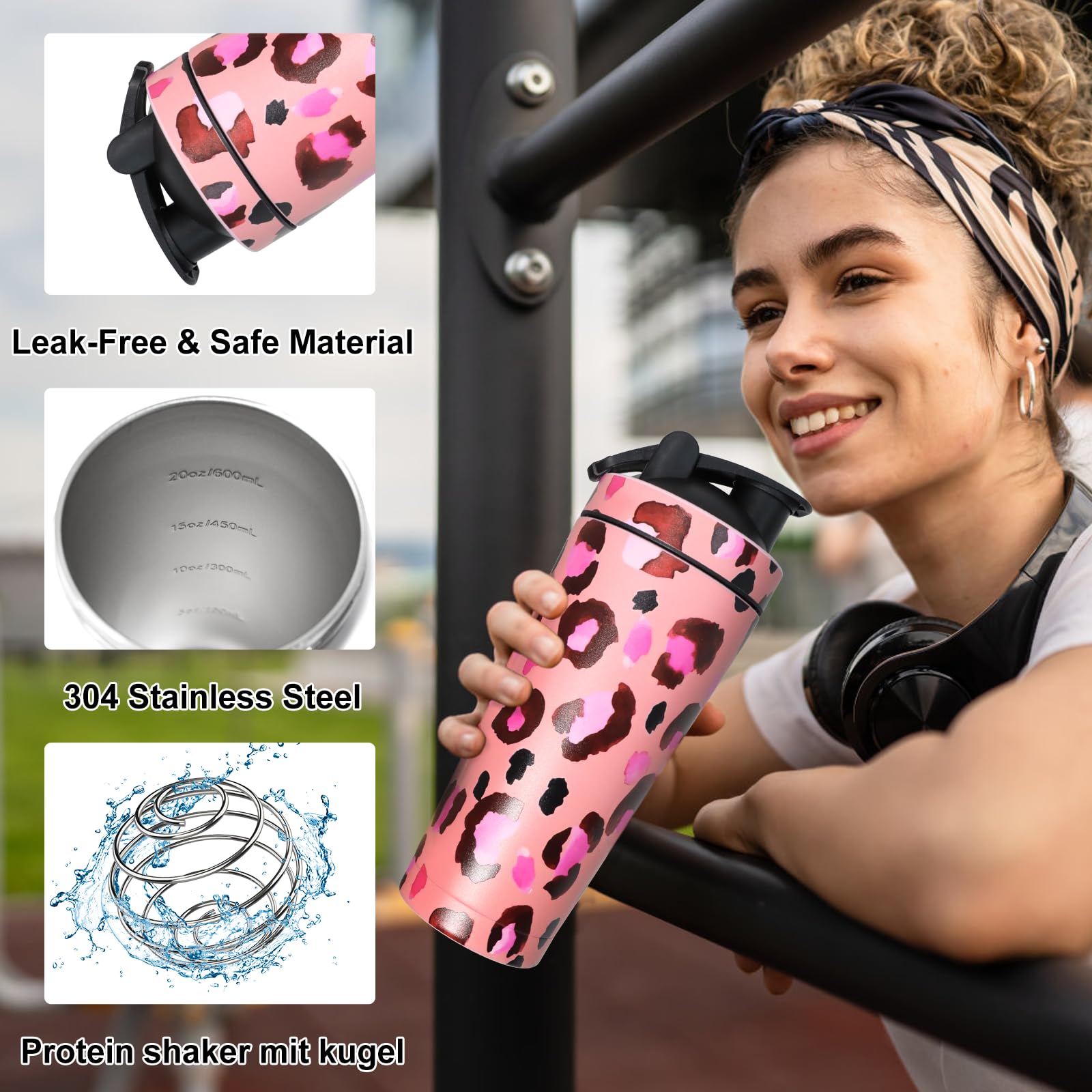 Eiweiß Shaker mit Kugel, 750ml Shaker Edelstahl, Protein Shake Edelstahl, Eiweißshaker, Tragbarer Workout Wasserbecher, BPA Free/Leak Proof, für Sport, Fitness, Eiweiß