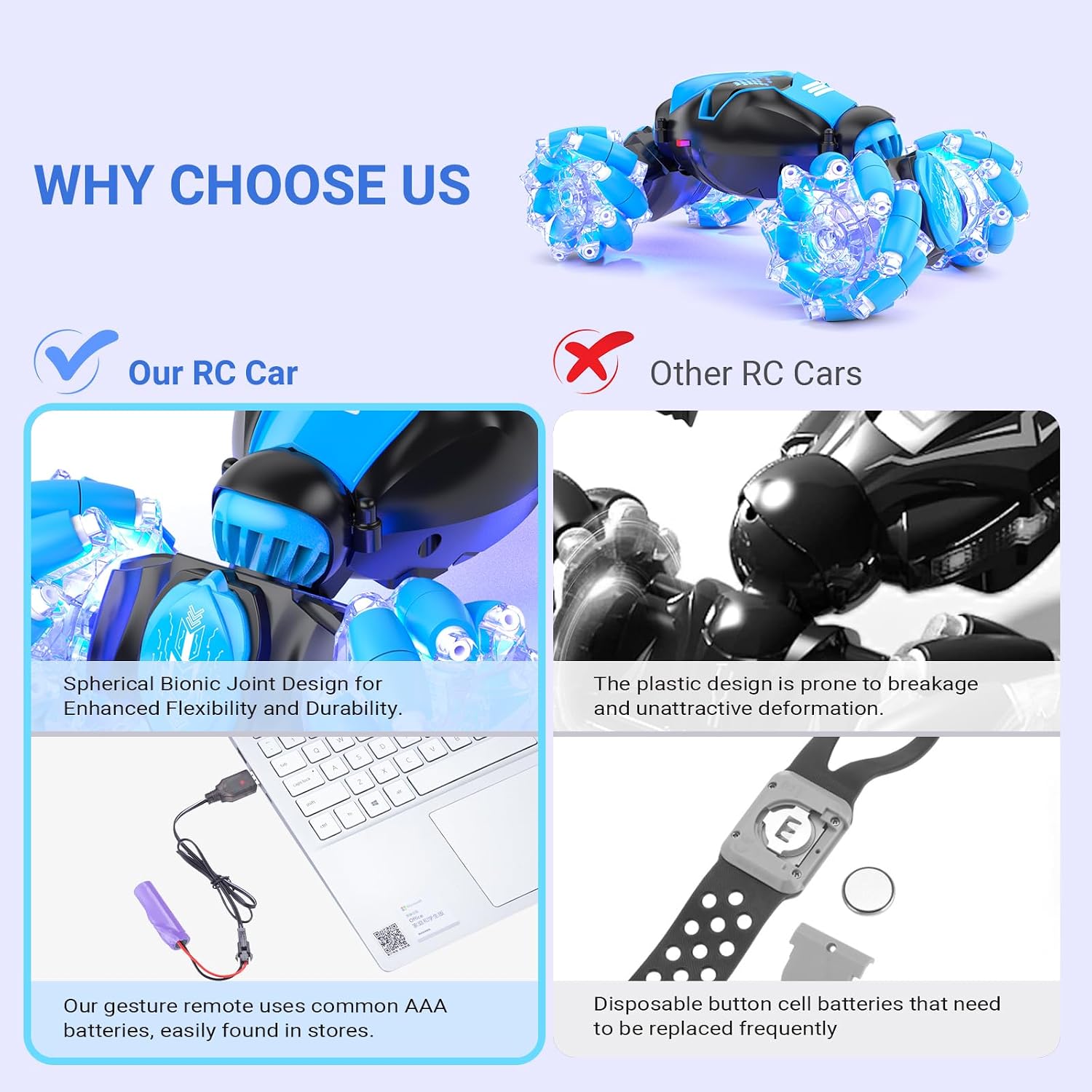 RC Stunt Car Toys for 6-12 Year Old Kids - 4WD Remote Control Watch - Gesture Sensor - Double Sided Rotating RC Car - Lights, Music - Perfect for Boys & Girls' Birthday-(Blue)