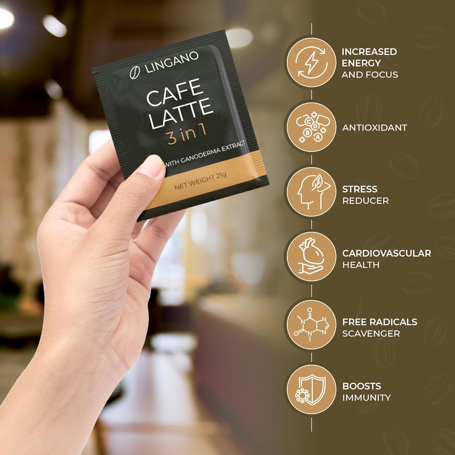 Lingano Ganoderma Cafe Latte 3 in 1 Instant Reishi Mushroom Coffee - 20 Sachets