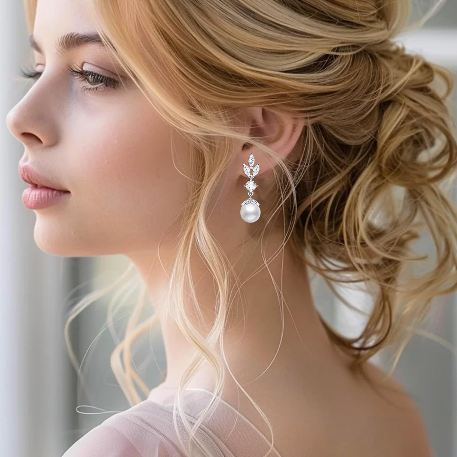 S925 Silver Pearl Dangle Drop Earrings Stud Earrings for Brides, 14K Gold Plated Bridal Jewelry with 5A Cubic Zirconia for Wedding Hypoallergenic - Image 4