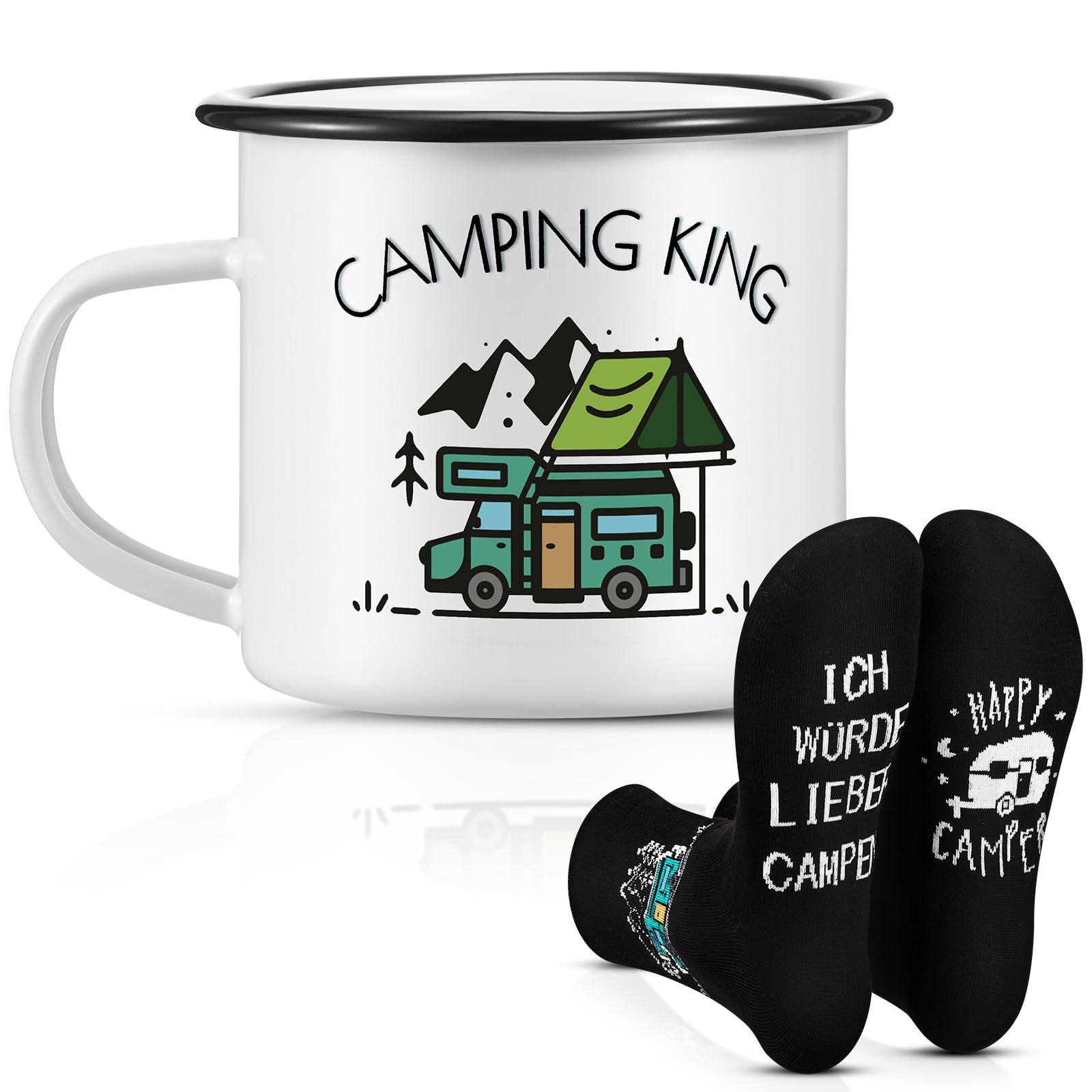 2 Pezzi Regalo da Campeggio per Uomo 1 Tazza Smaltata Camping King 1 Paio di Calzini da Campeggio Gadget Accessori da Tenda per Escursioni in Roulotte