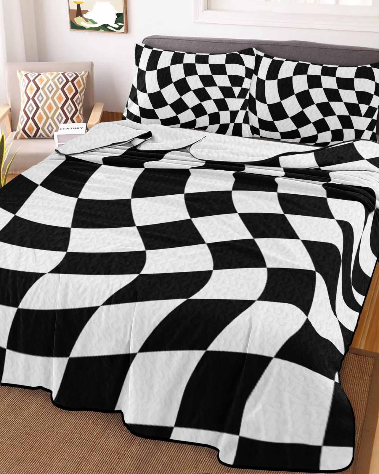 3-Piece Summer Quilt Twin XL Size, Black and White Checkered Lightweight Cooling Bedding Comforter Blanket with 2 Pillow Shams, Modern Irregular Geometric Bedspreads Quilted Coverlet Sets 68