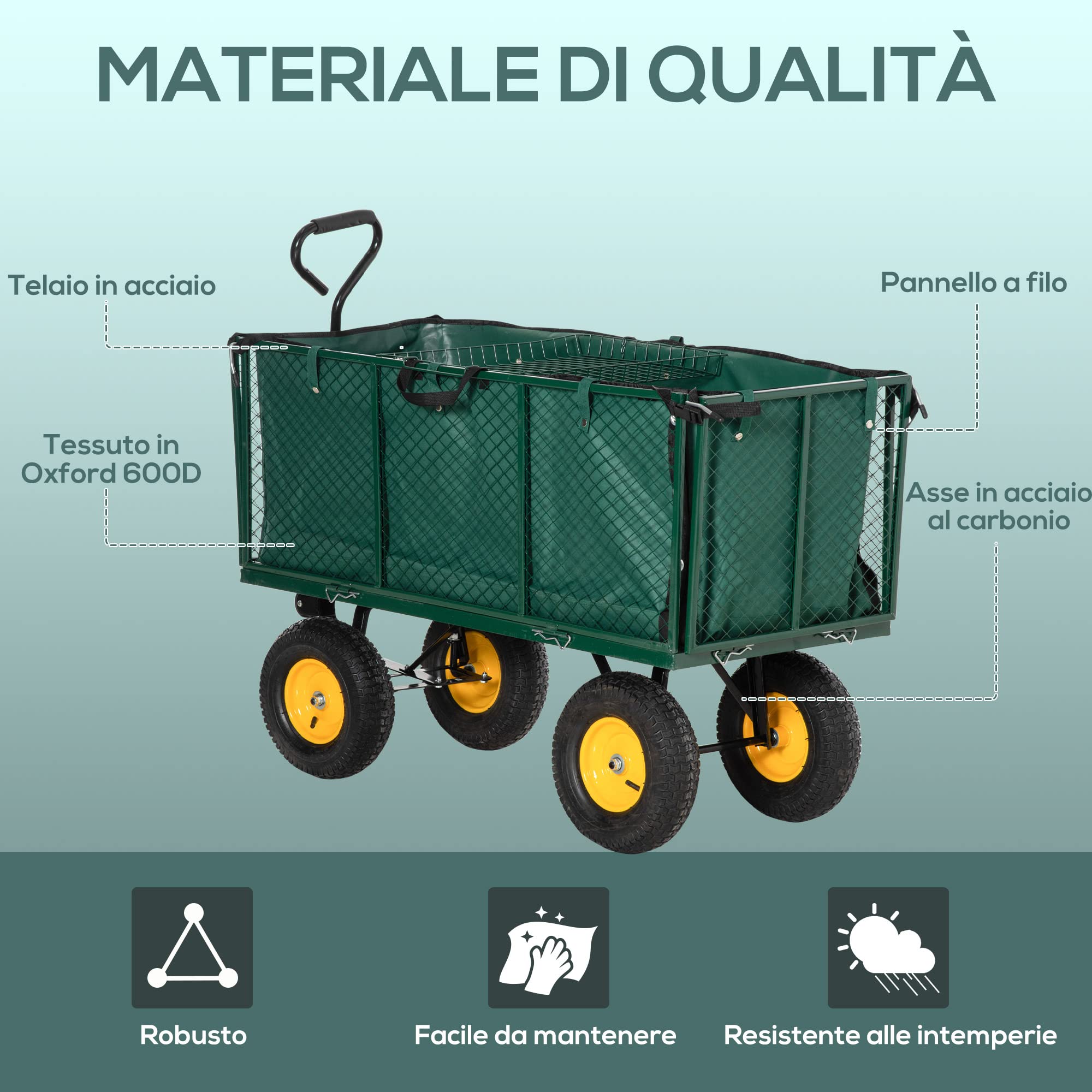 Outsunny Carrello da Giardino 342L con Maniglia Pareti Laterali Ribaltabili e 4 Ruote, 138x57x84cm, Verde