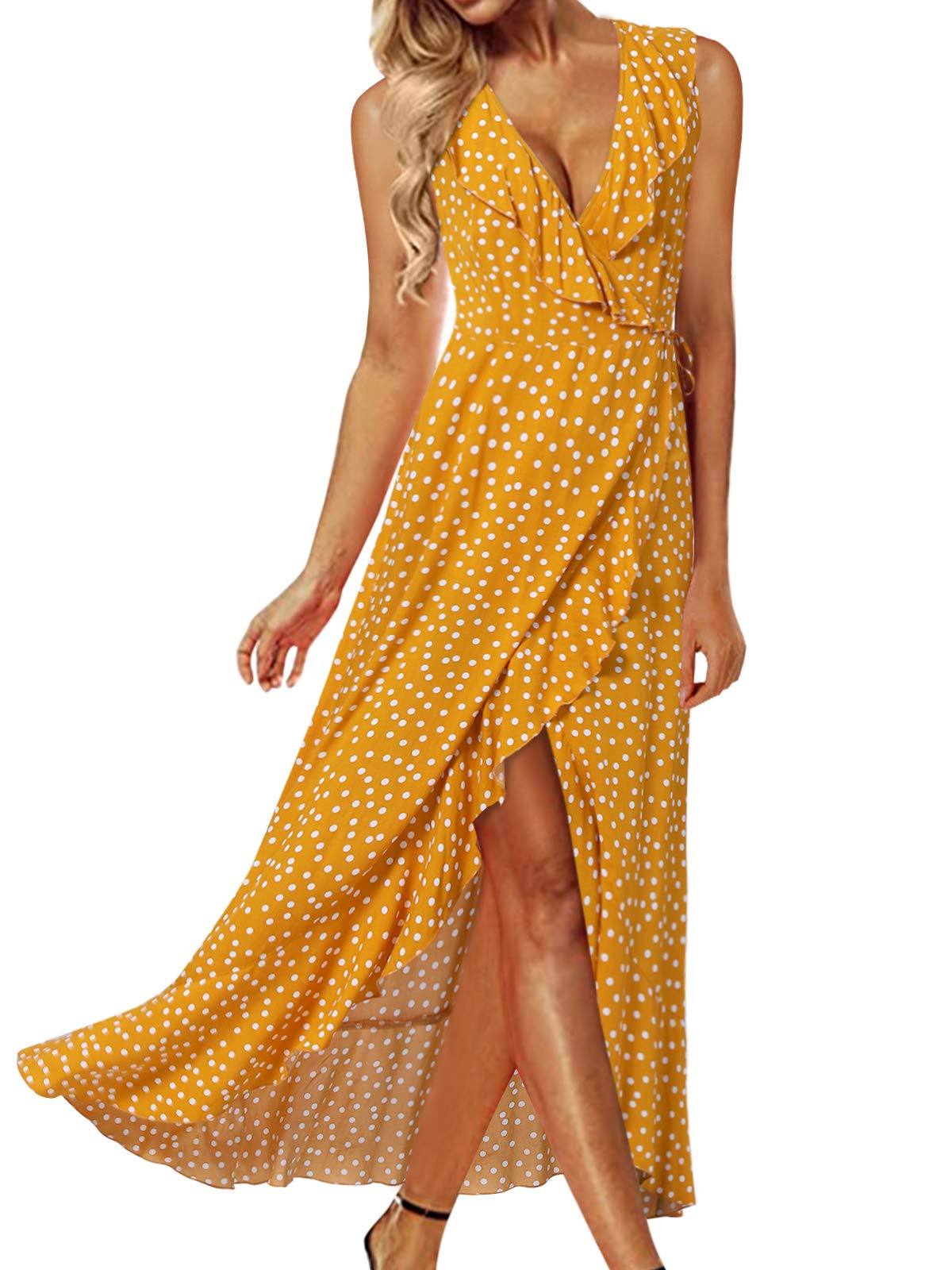 Women Summer Polka Dot Maxi Dress Casual V-Neck Boho Wrap Dress Floral Split Beach Party Long Dresses