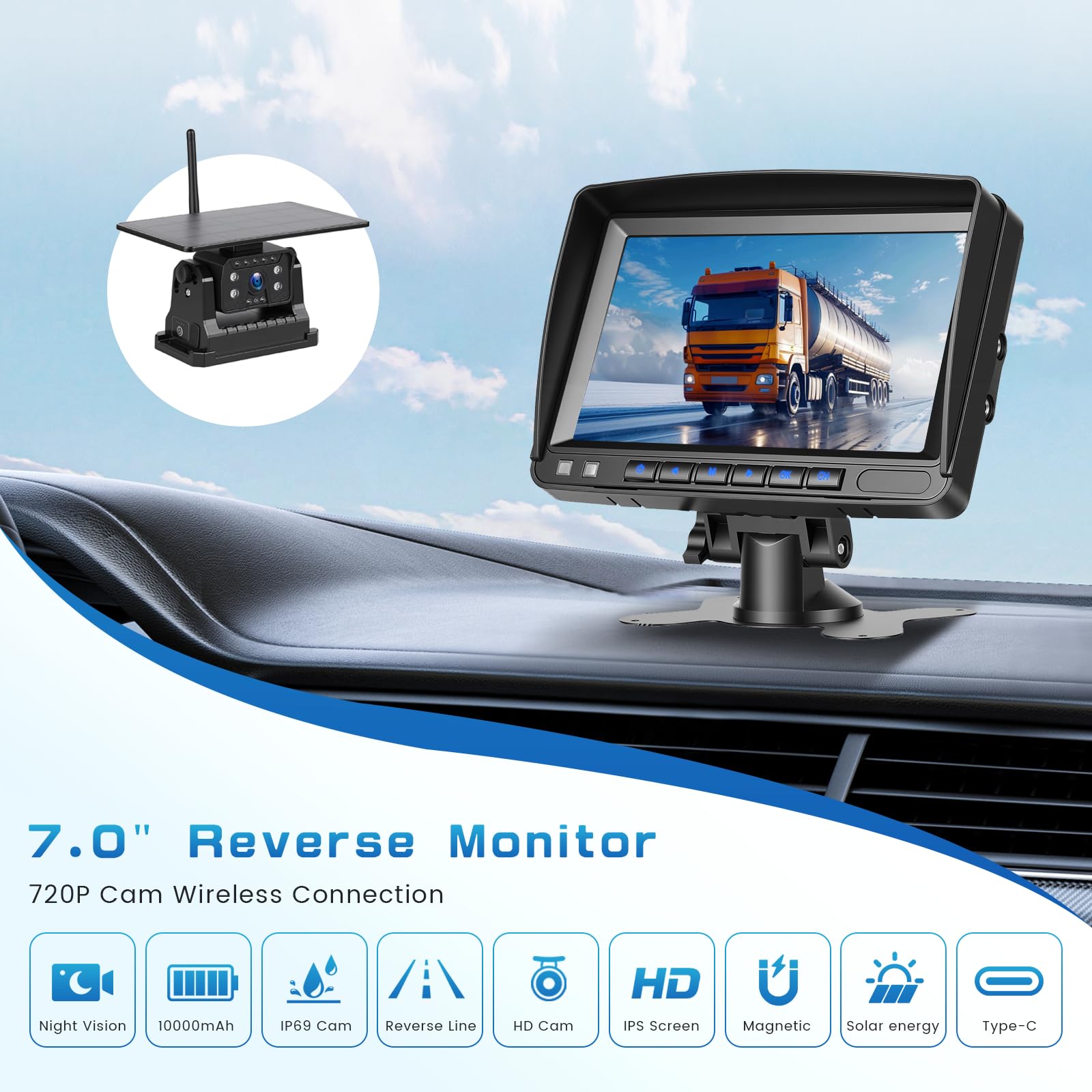 Hikity Display IPS da 7", Kit Telecamera Retromarcia Solare Wireless per Veicoli, Telecamera Magnetica IP69 Grandangolare Aiuto Parcheggio