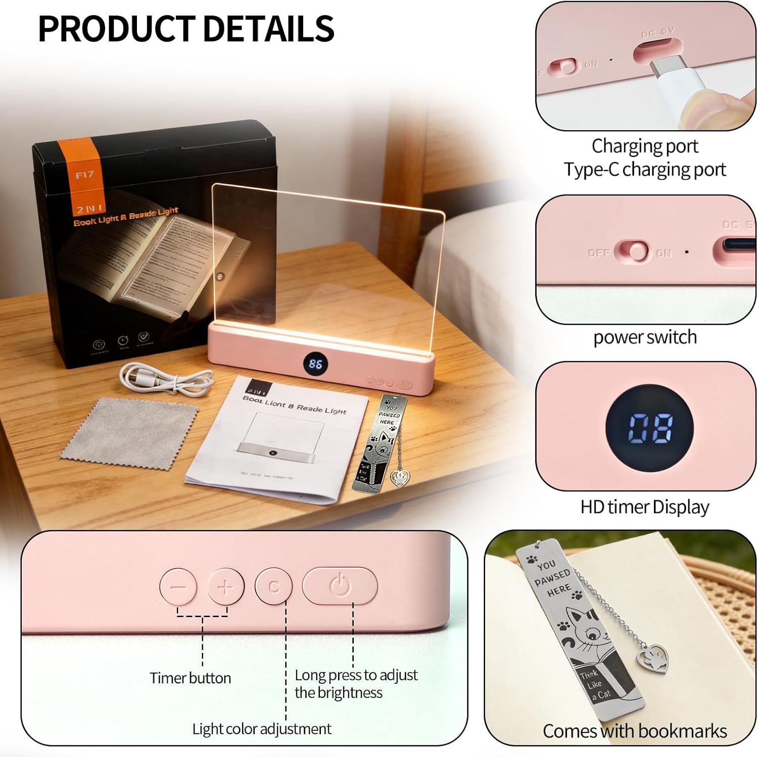 2026 LED Reading Light, Rechargeable Clear LED Flat Book Lights for Reading, 3 Colors & Brightness Adjustment & Timer, Eye Protection Lights for Bedtime Reading, Gifts for Book Lovers（with Bookmark）