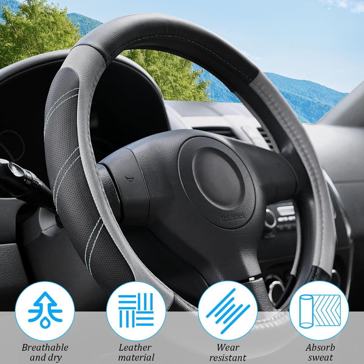  Car Steering Wheel Cover, 14.5-15" Soft Leather Vehicle Steering Wheel Protector with Non-Slip Lining, Sporty Automotive Interior Decoration Accessory, Universal for Truck Sedan Van (Black/Gray) thumbnail