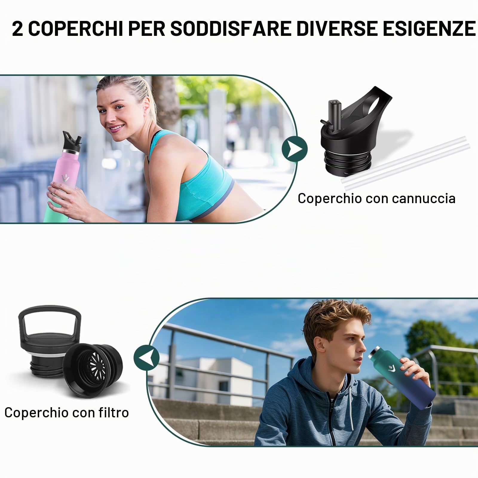 Borraccia Termica 1 litro, Borracce Termiche con Cannuccia, Borraccica Palestra Senza Perdite, Isolato Sottovuoto, Borracce Acciaio Inox Senza BPA, Bottiglia Termica per Bici, Yoga, Lavoro