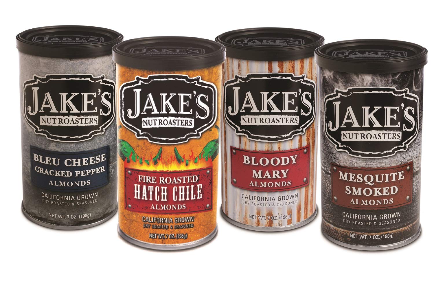 Jake's Nut Roasters - Savory Mixed Pack of Almonds (4 Pack) Whole Dry Roasted Seasoned Flavored Almonds Variety Pack - Includes Bloody Mary, Mesquite Smoked, Bleu Cheese and Hatch Chile Flavors