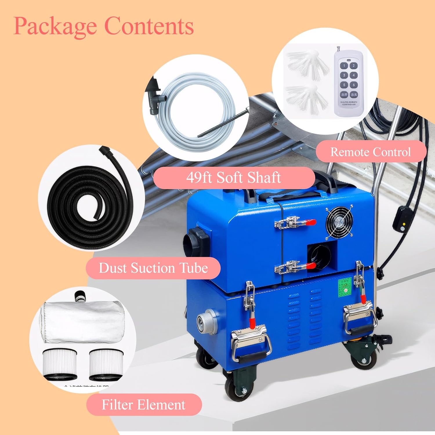Fresh Air Duct Cleaning Machine, 220V/110V Vacuum Suction & Sweep Integrated, HVAC Duct Cleaner with 15m Flexible Shaft for 1.96in-7.87in Pipe Diameter Ventilation Pipe Cleaning