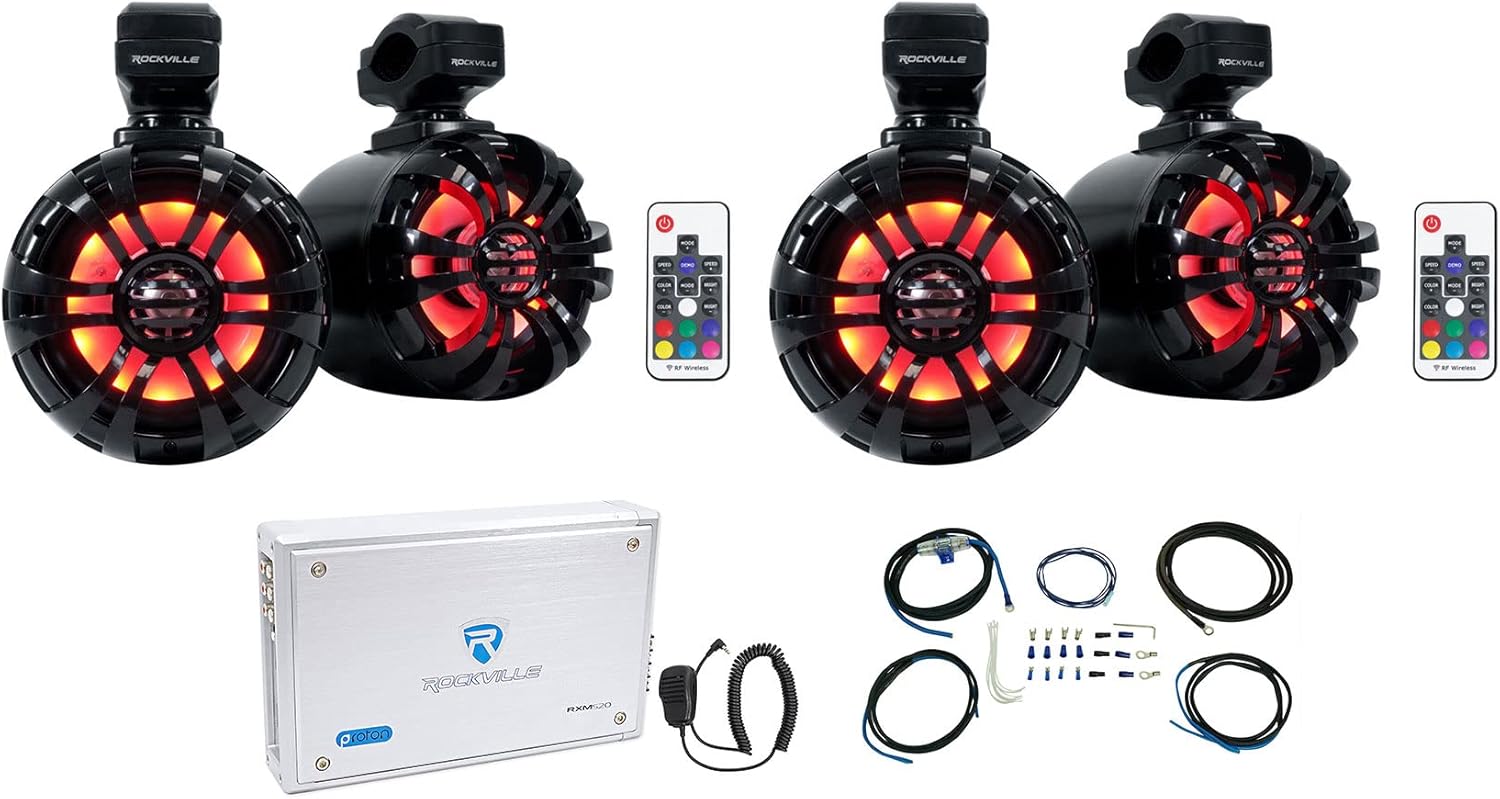 Rockville WB50KLS Bundle 4 Parlantes 5.25" 250W LED Torre Marina Amplificador 4 Canales