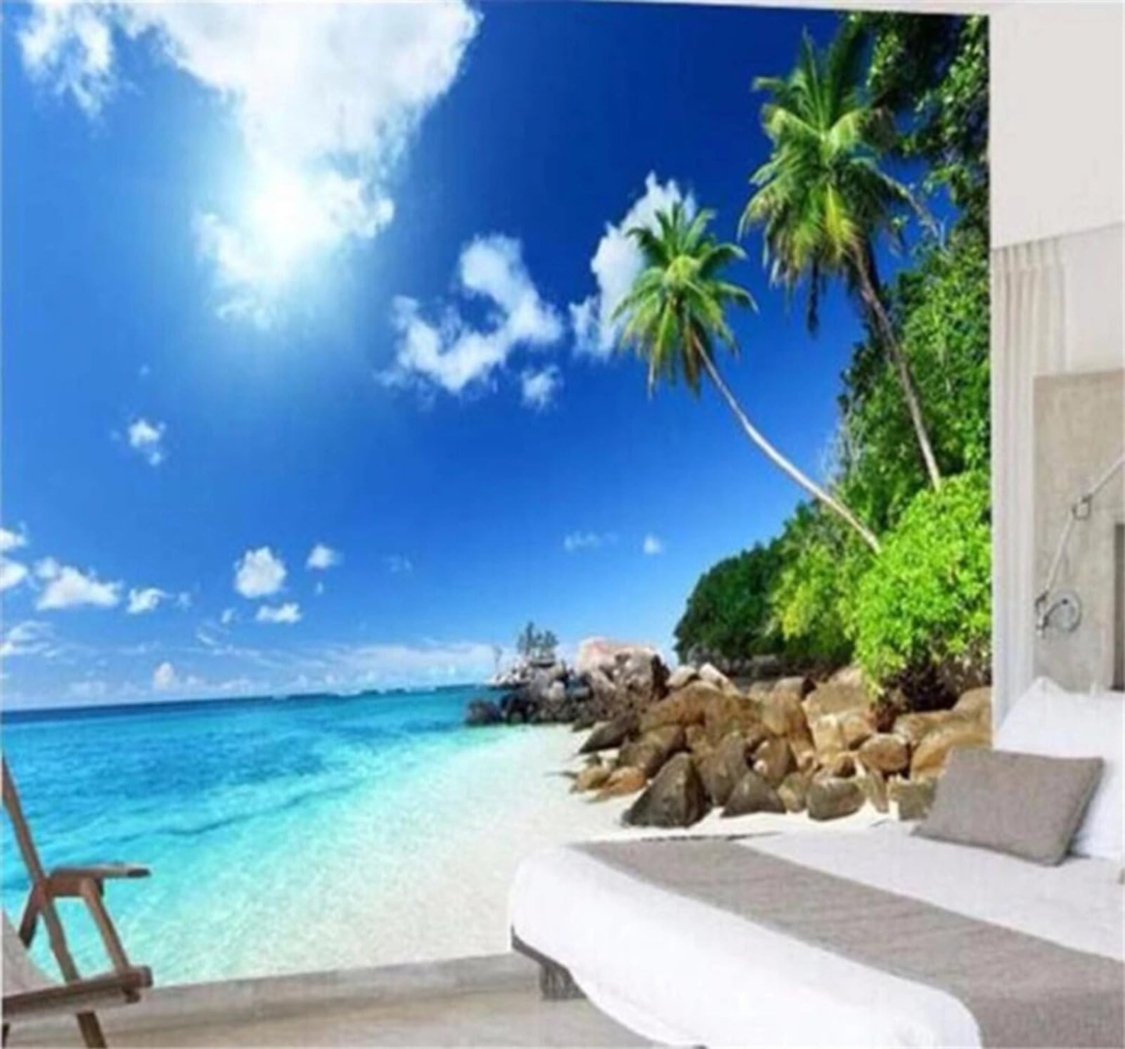 Xlming 350Cm×256Cm(B×H) Fresh Seascape Beach Palm Trees Landscape 3D Wallpaper Luxury Silk Study Dining Feature Sofa Grey Bedroom Living Room Tv Decorative Wall-350Cm×256Cm