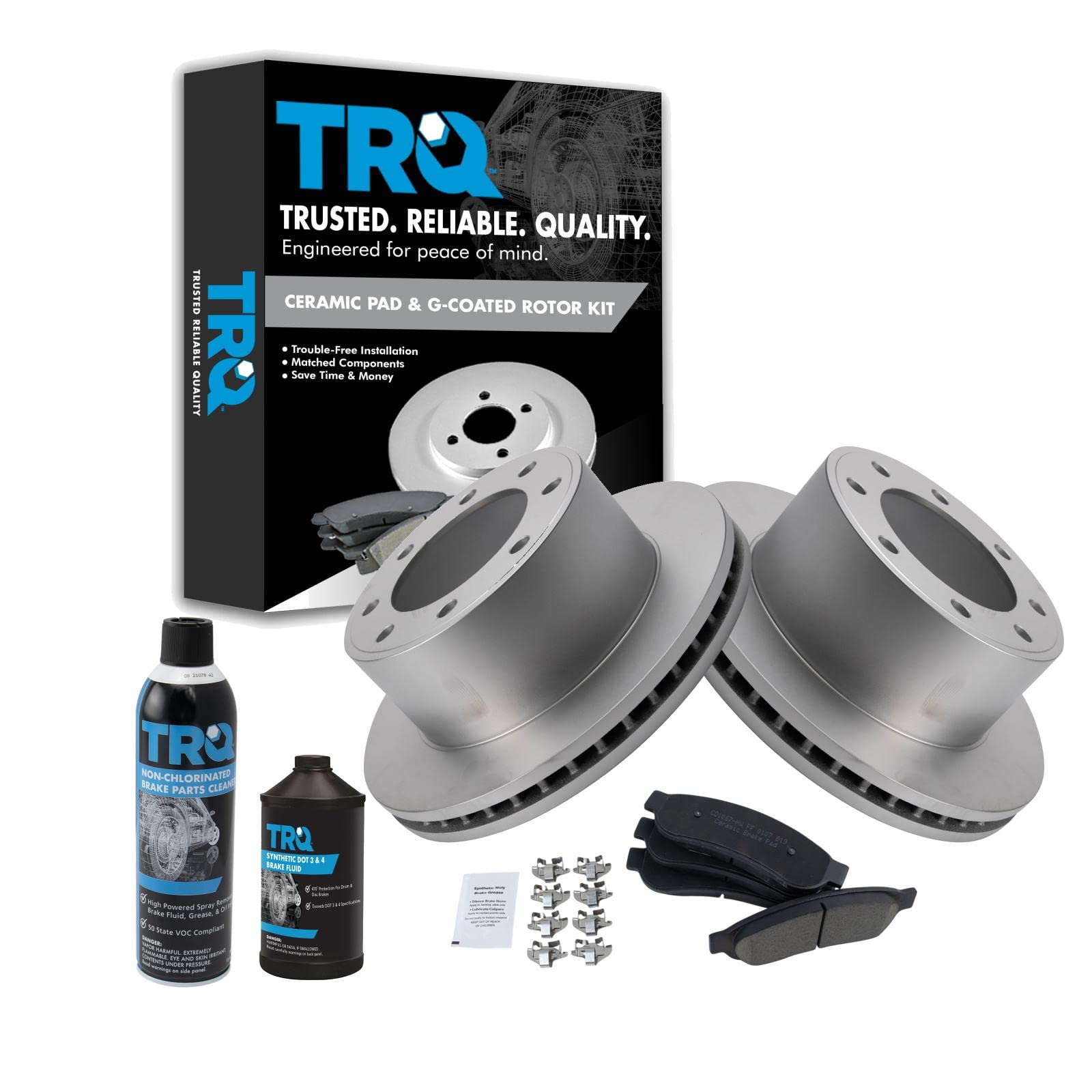 TRQ Rear Brake Pad &amp; Rotor Kit, with Chemical Kit Ceramic Premium G-Coated Compatible with 2008-2012 Ford F-250 Super Duty F-350 Super Duty