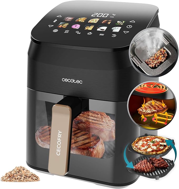 Cecotec Freidora de Aire sin Aceite - 4,5L - Plancha - Grill - Doble Resistencia - Ahumador Integrado - Air Fryer Cecofry&Grill Smokin' 4500. 1900W, Temperatura Regulable 40-200°C, 10 Menús