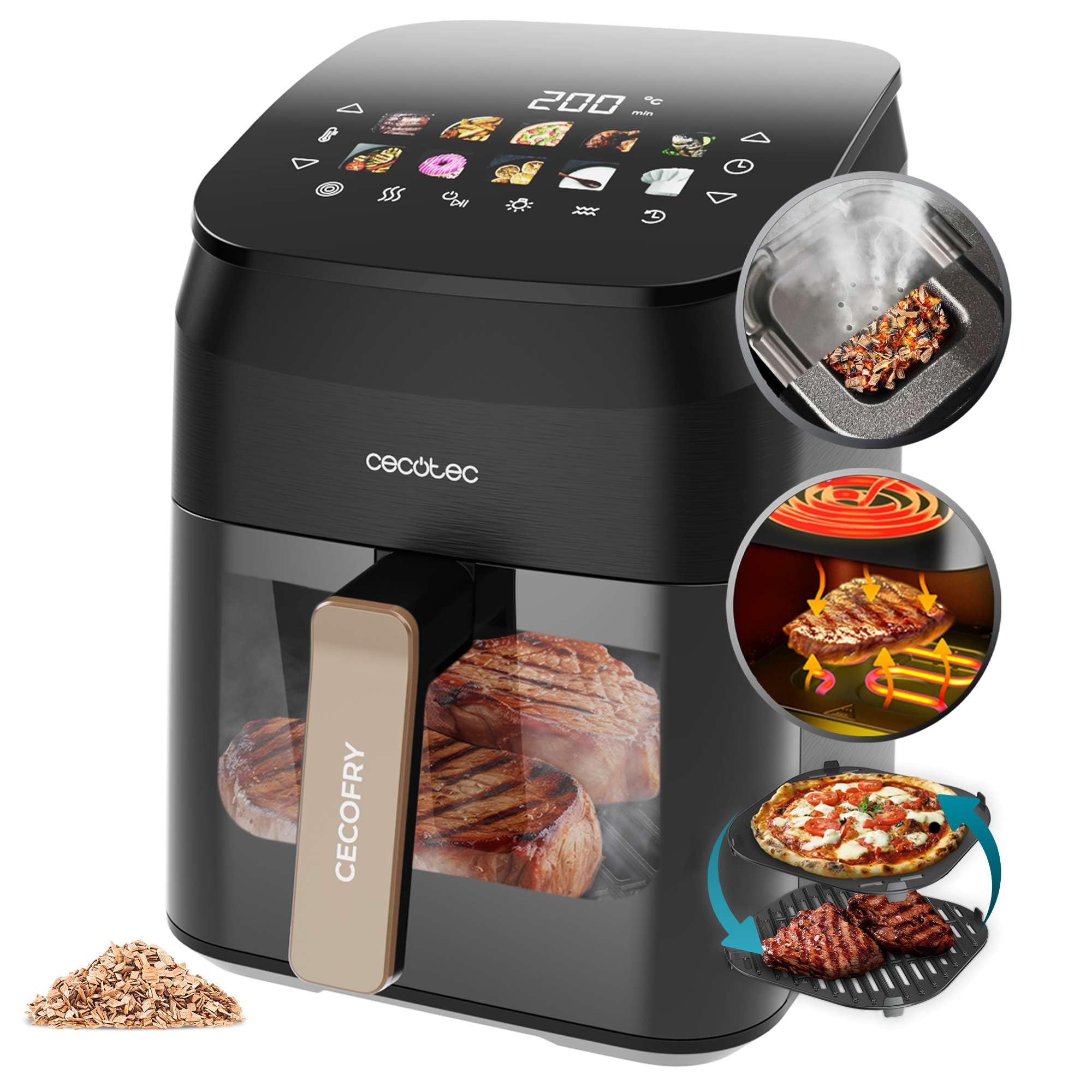 Cecotec Friggitrice ad Aria 4.5 Litri - Air Fryer Cecofry&Grill Smokin' 4500. 1900W, Piastra - Grill - Doppia Resistenza, Affumicatore Integrato, Temperatura Regolabile 40-200°C, 10 Menu