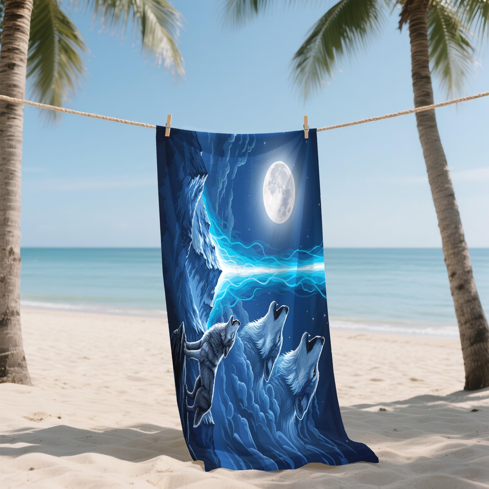 Serviette de Plage XXL Microfibre Loup Enfant Lune Animaux, Drap de Plage Séchage Rapide Anti Sable & Légère, Serviette de Bain Grande Taille 100x200 cm, Accessoire & Cadeau été