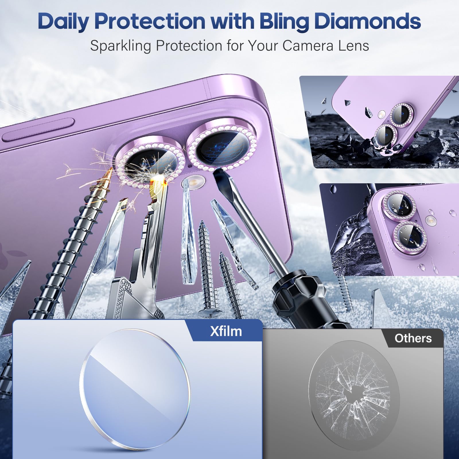 für iPhone 17 Kamera Objektivschutz Bling, Individueller Diamant Metallring mit 9H Härte, Kratzfest Kamera Displayschutzfolie, Stylisches Zubehör, Hüllenfreundlich (Lila)