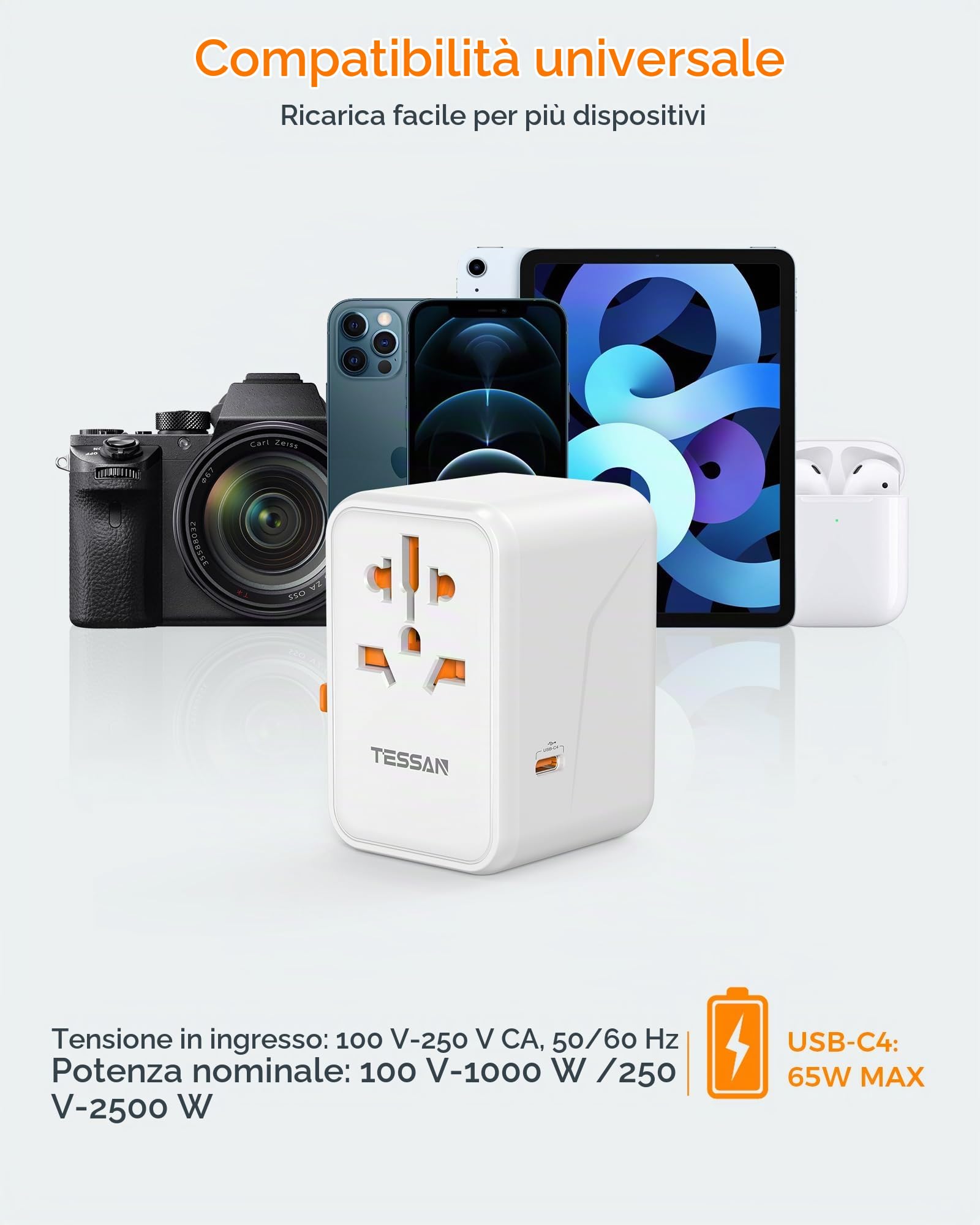 TESSAN Adattatore Universale da Viaggio, GaN Ricarica Rapida da 65W, Presa Universale da Viaggio con 4 USB C e 1 USB A, Adattatore Prese Spina per UK, USA, Australia, Tailandia, Giappone