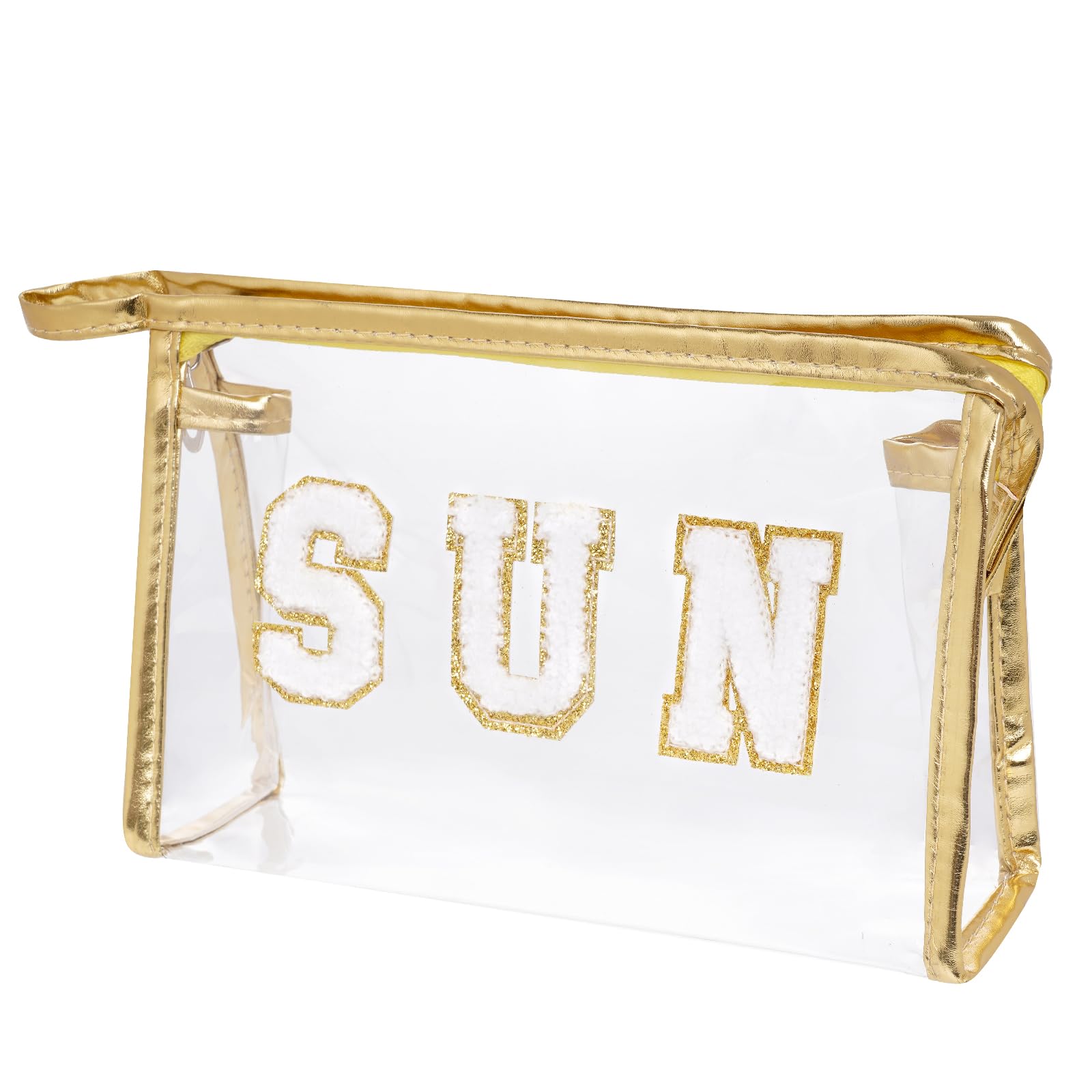Hmxpls Clear Preppy Patch Makeup Bag, Sun Chenille Letter Bag for Beach, Pouch With Zipper, Travel Cosmetic Toiletry Bag for Women Girls Teens (Gold)