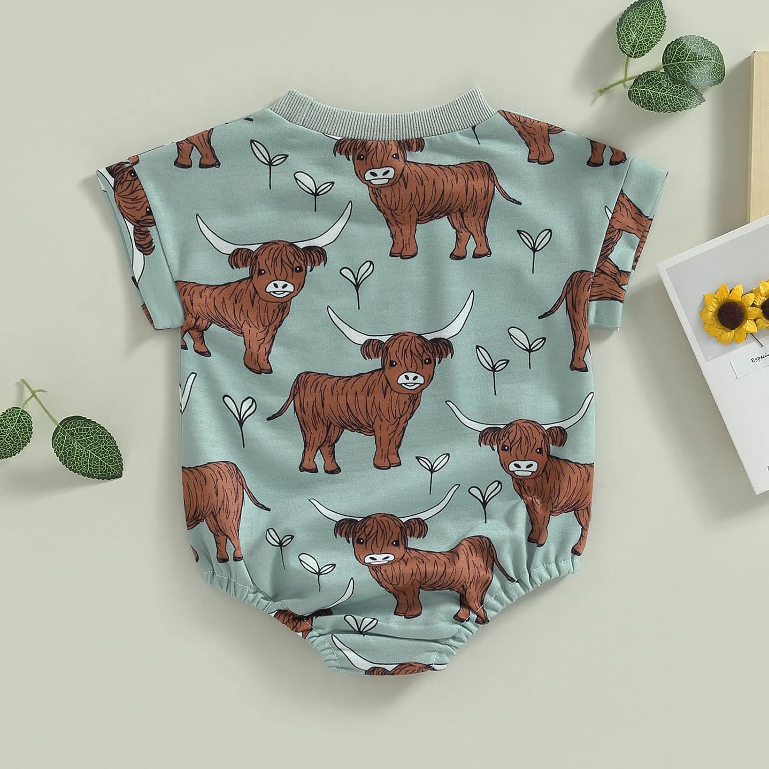 Kayotuas Western Baby Boy Girl Clothes Cow Print Bubble Romper Oversized Short Sleeve Tshirt Bodysuit Infant Summer Outfits Green Highland Cow 12-18 Months image 4 of 7 B0C2Z1C7HC