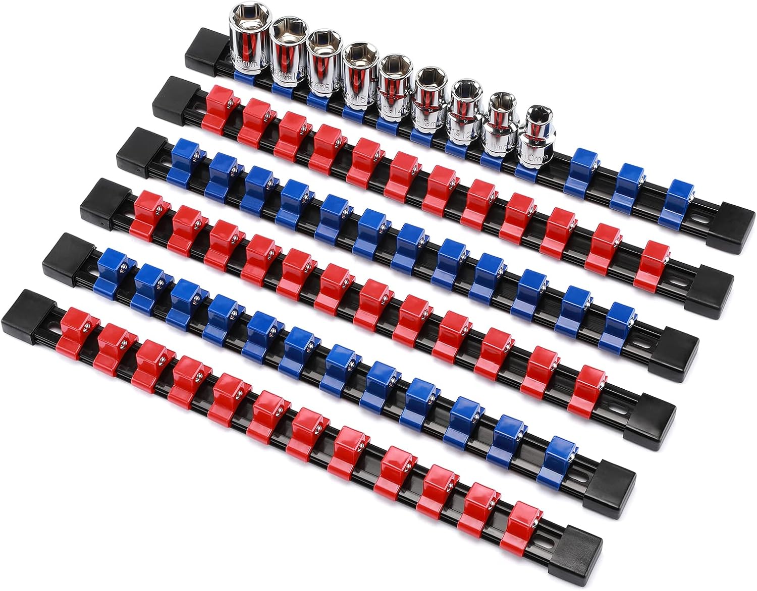 CASOMAN 6 Pieces 1/2″ Drive Socket Organizer Rails, SAE and Metric Socket Holder Rail, Red