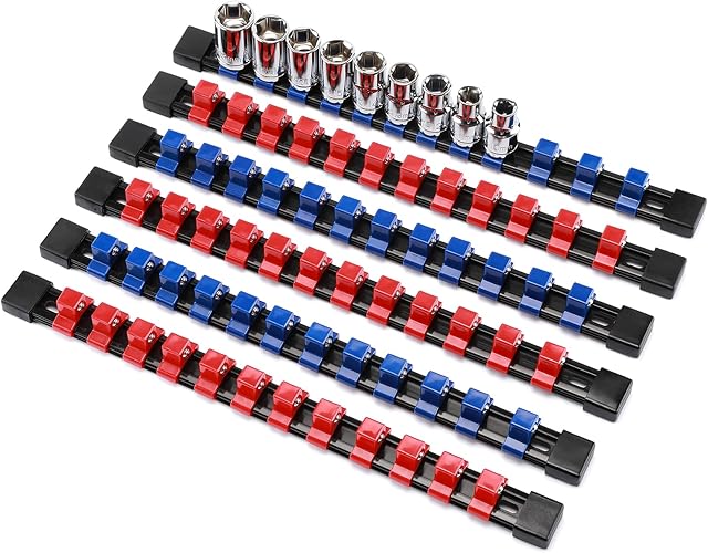 CASOMAN 6 Pieces 1/2" Drive Socket Organizer Rails, SAE and Metric Socket Holder Rail, Red & Blue Premium Quality Socket Holder, Mountable Sliding Tray Rack Tool Rail Holder, for 1/2-inch Socket Only