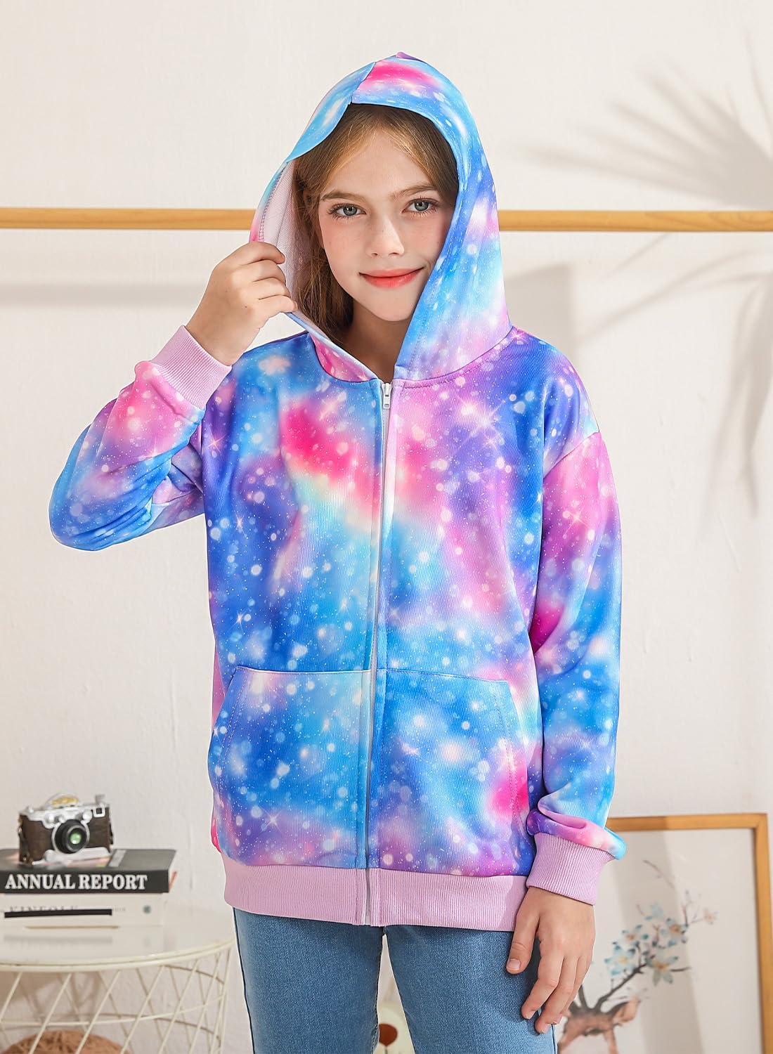 Belovance Girls Graphic Zip Up Hoodies Sweatshirt with Pockets Kids Hooded Coat Casual Outerwear Rainbow Unicorn 5-14 Years - Image 4