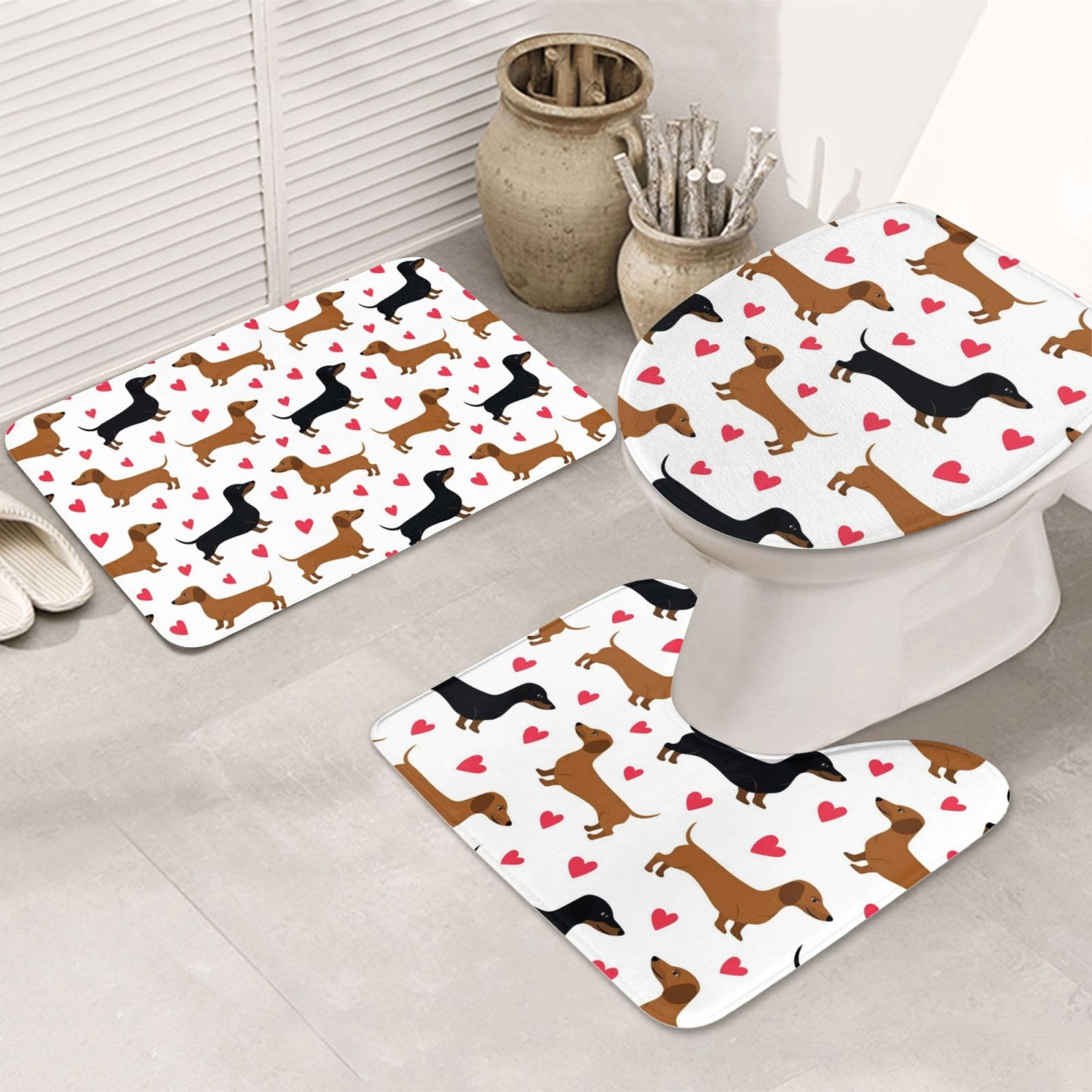 Tapis de salle de bain teckels romantiques 3 pièces avec tapis en U