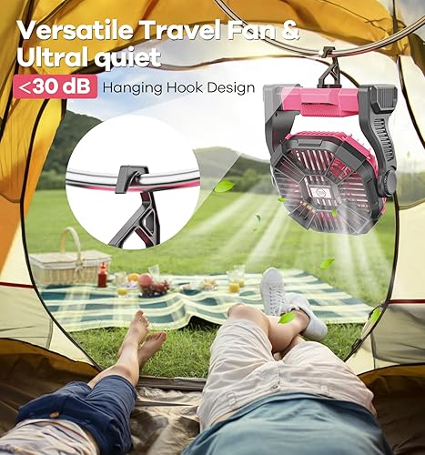 Miniatura 8 de Ventilador de camping portátil con batería de 20000 mAh, con luz LED, funciona con batería silenciosa, equipo de campamento para viajes, tienda de