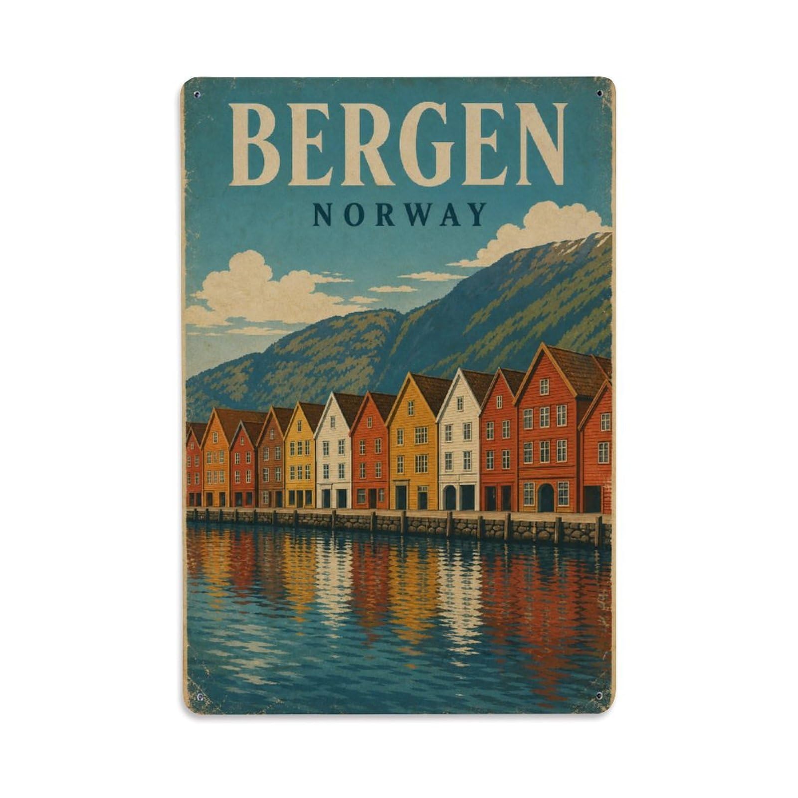 Retro Travel Norway Bergen Metal Tin Sign Plaque Wall Decor for Cafe, Club Bar, Office, Garden Metal Poster 8x12Inch