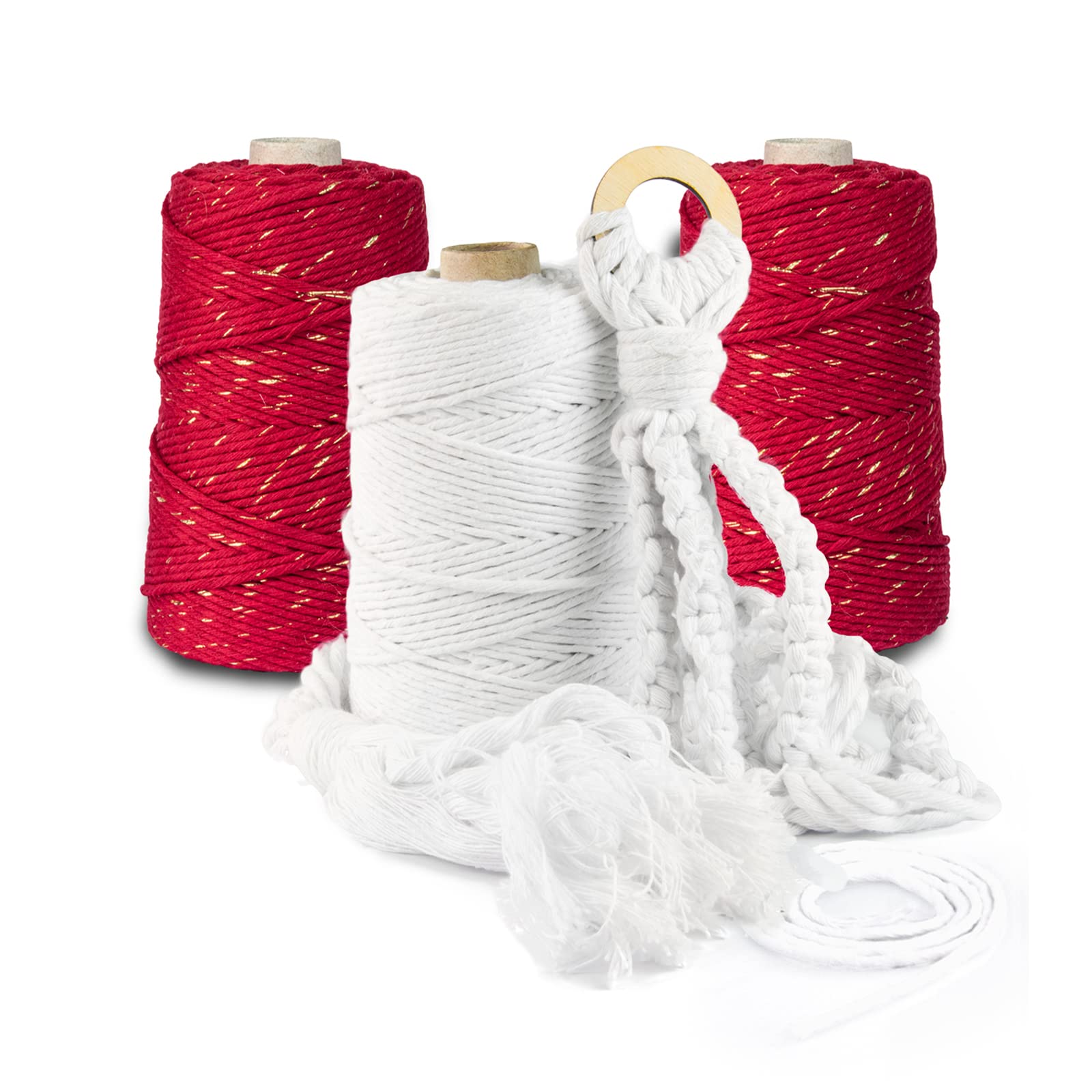 Hilo de macramé premium, 800 m, 3 mm, rojo oscuro con hilo dorado, 100 % algodón, cordón natural, hilo de algodón, decoración artesanal