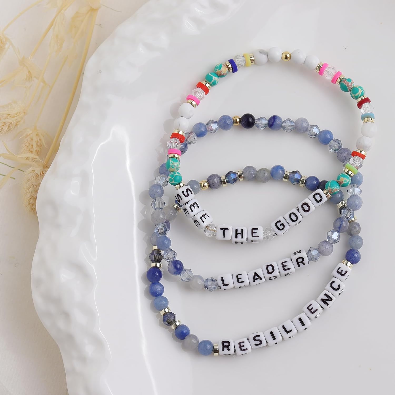 Inspirational Beaded Stretch Bracelets for Women, Stackable Stone Bead Ball Bracelet - Image 3