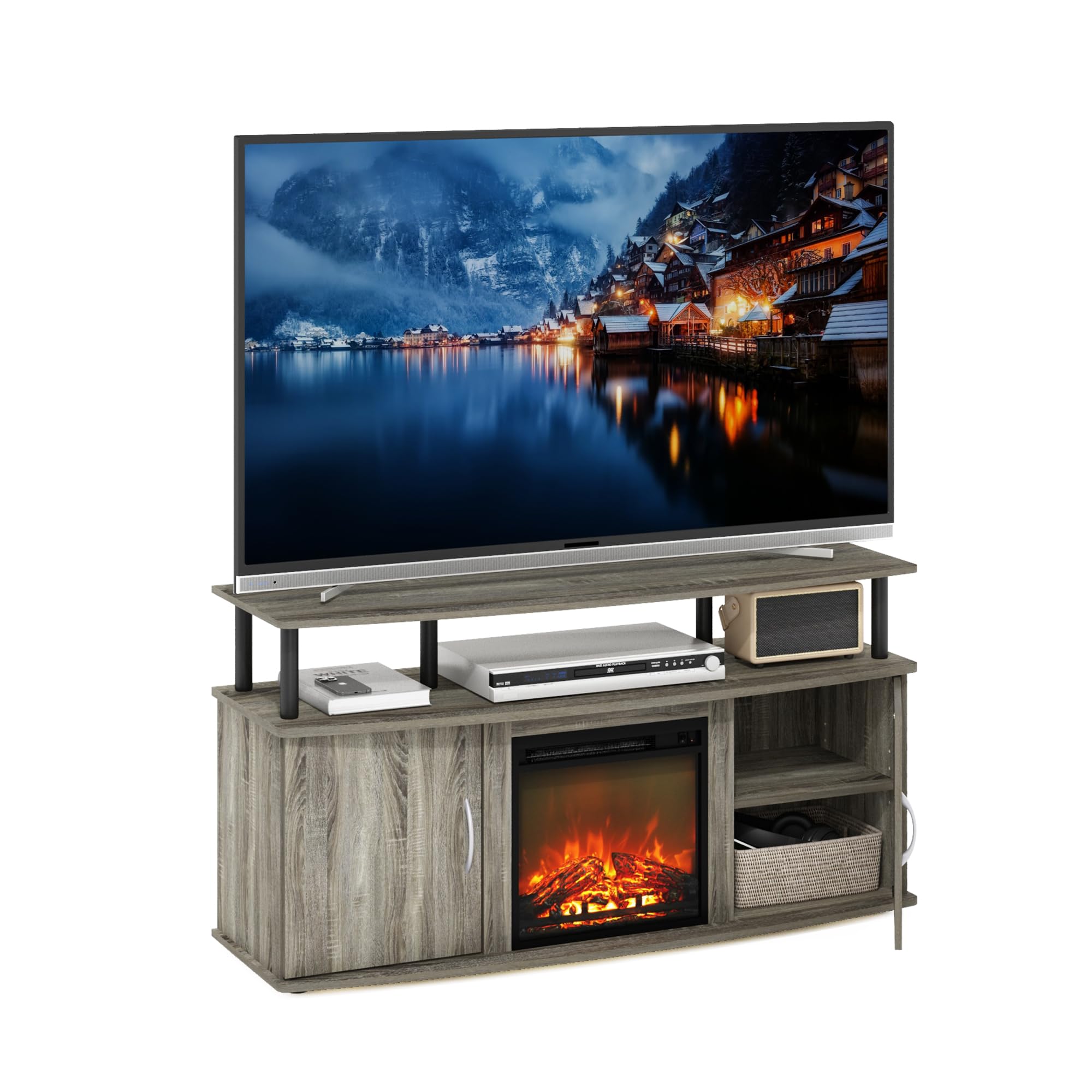 Furinno Jensen Fireplace TV Stand, Entertainment Center, TV Console for TV up to 55 Inch with Fireplace and Doors Storage Cabinet, for Living Room, Bedroom, French Oak Grey