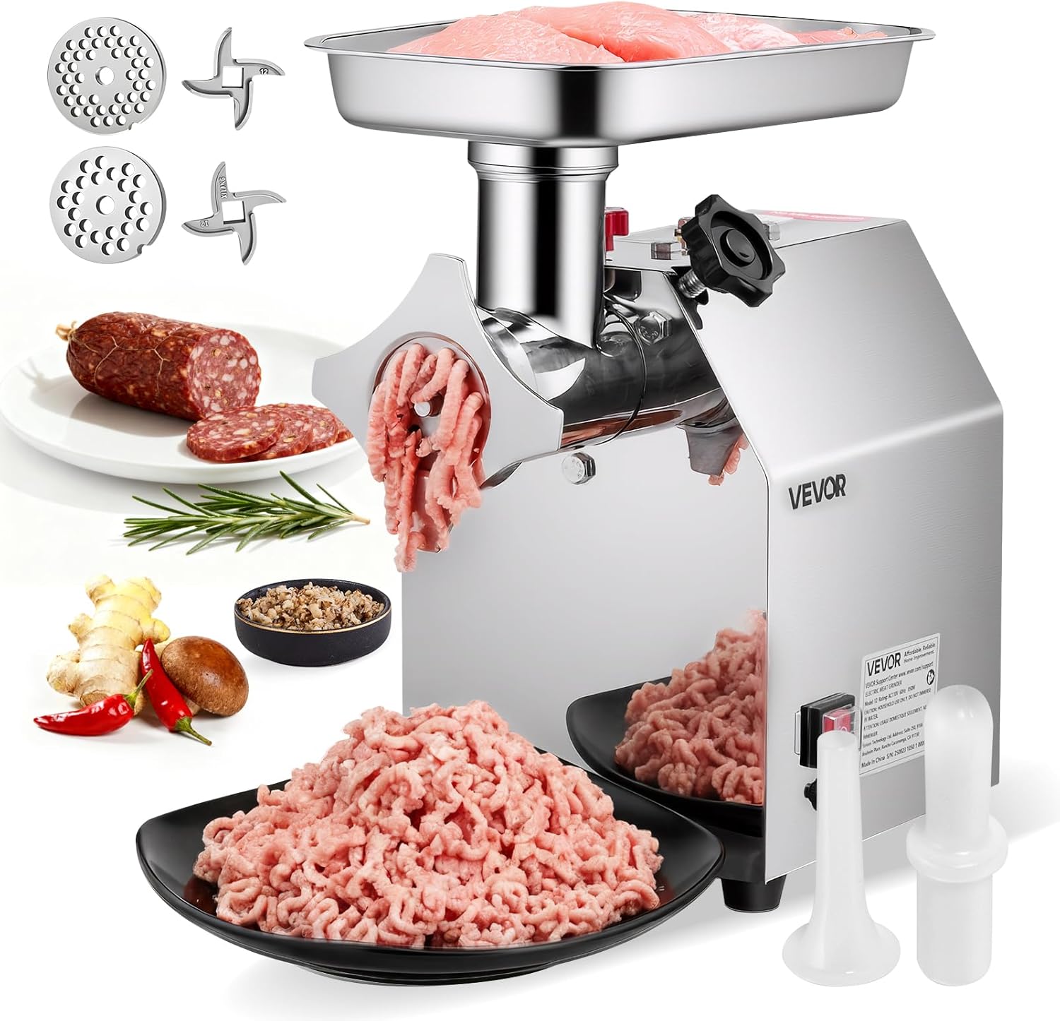 VEVOR Commercial Electric Meat Grinder, 7 lbs/min Capacity, #12 Industrial Meat Mincer with 2 Stainless Steel Blades, 2 Grinding Plates, 850W Heavy-Duty Sausage Maker Stuffer, for Kitchen, Restaurant
