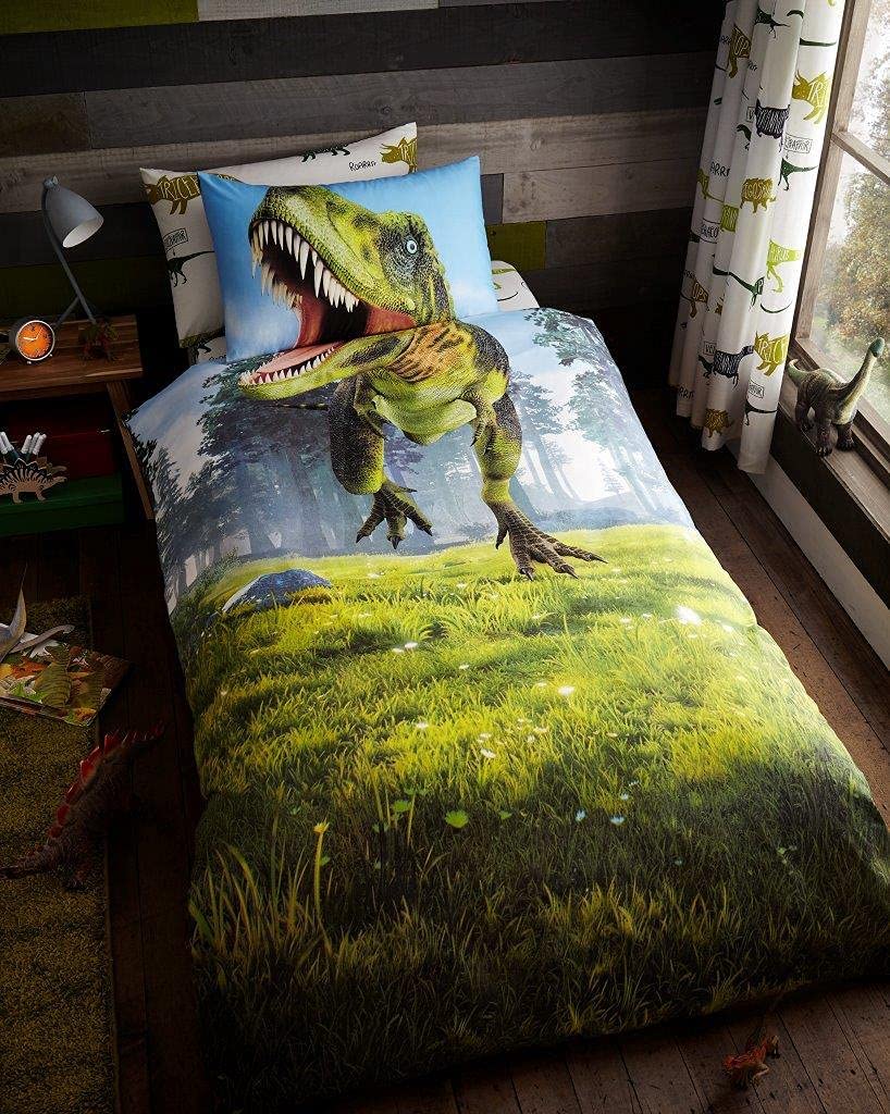 Lions Boys Panel Dino Kids Single Duvet Cover Set, Dinosaur Bedding With Matching Pillowcases, Ultra Soft Reversible Soft Quilt Covers, 135X200cm