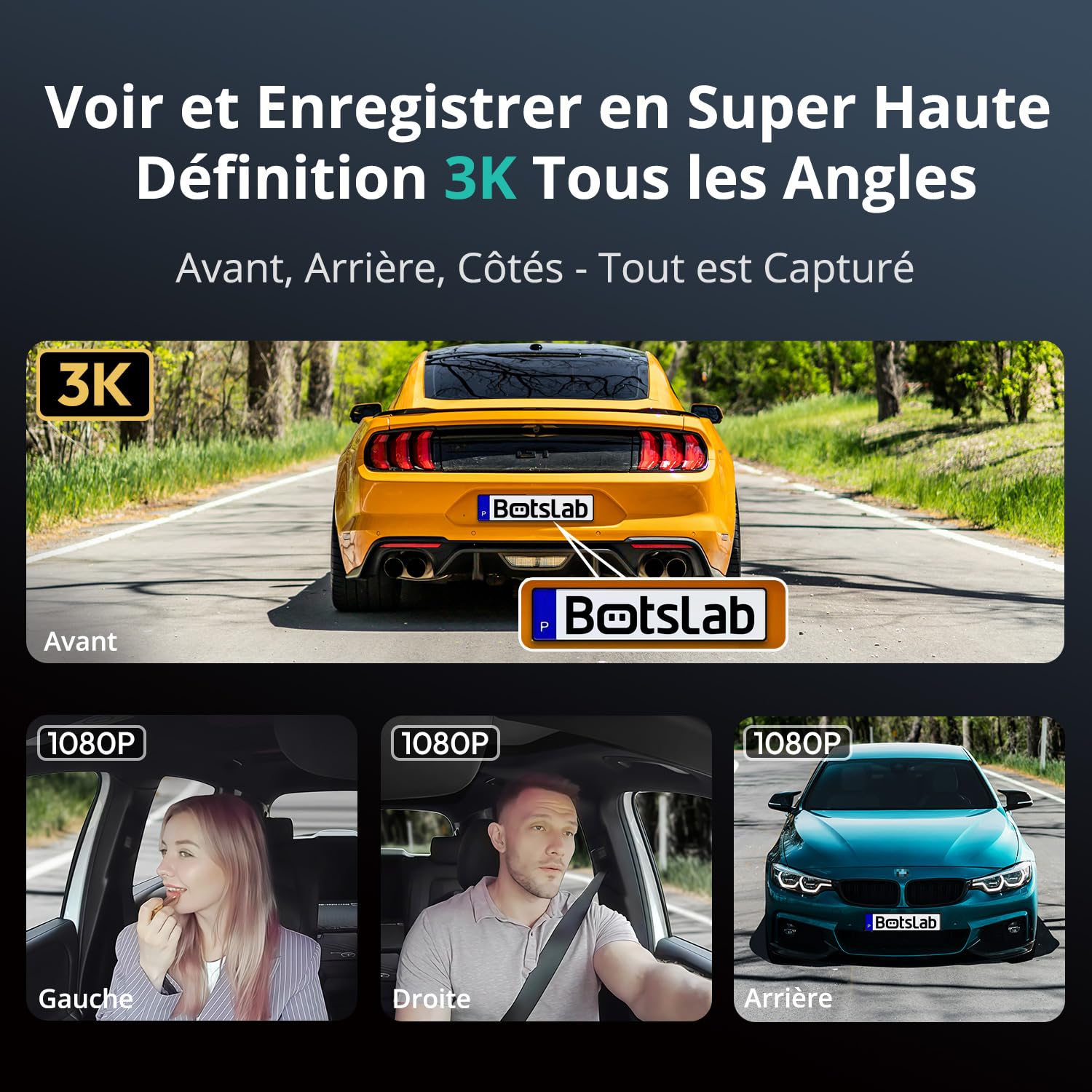 BOTSLAB 4 Canaux Dashcam Voiture,Dashcam 3K/4K Avant et 1080p*3,Caméra Embarquée 560°& 5.8GHz WiFi GPS avec carte SD 128G, Commande Vocale,Vision nocturne, 24H Parking Mode avec Kit de Câblage Incluse