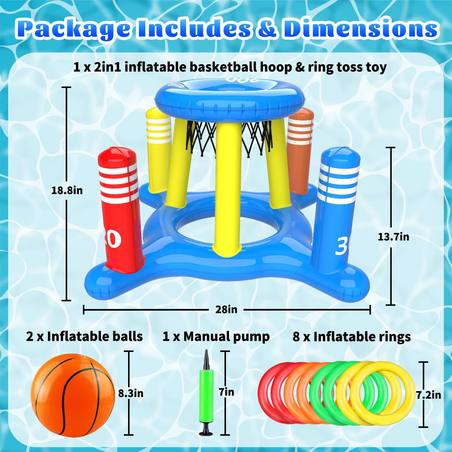 Jeux Piscine Gonflable 2 en 1, Panier de Basket Flottant et Lancer D'anneaux, Journée D'été Jeu Piscine de Fête en Extérieur pour Enfants Adultes, Bleu, PVC, 12 Pièces, 12 Count