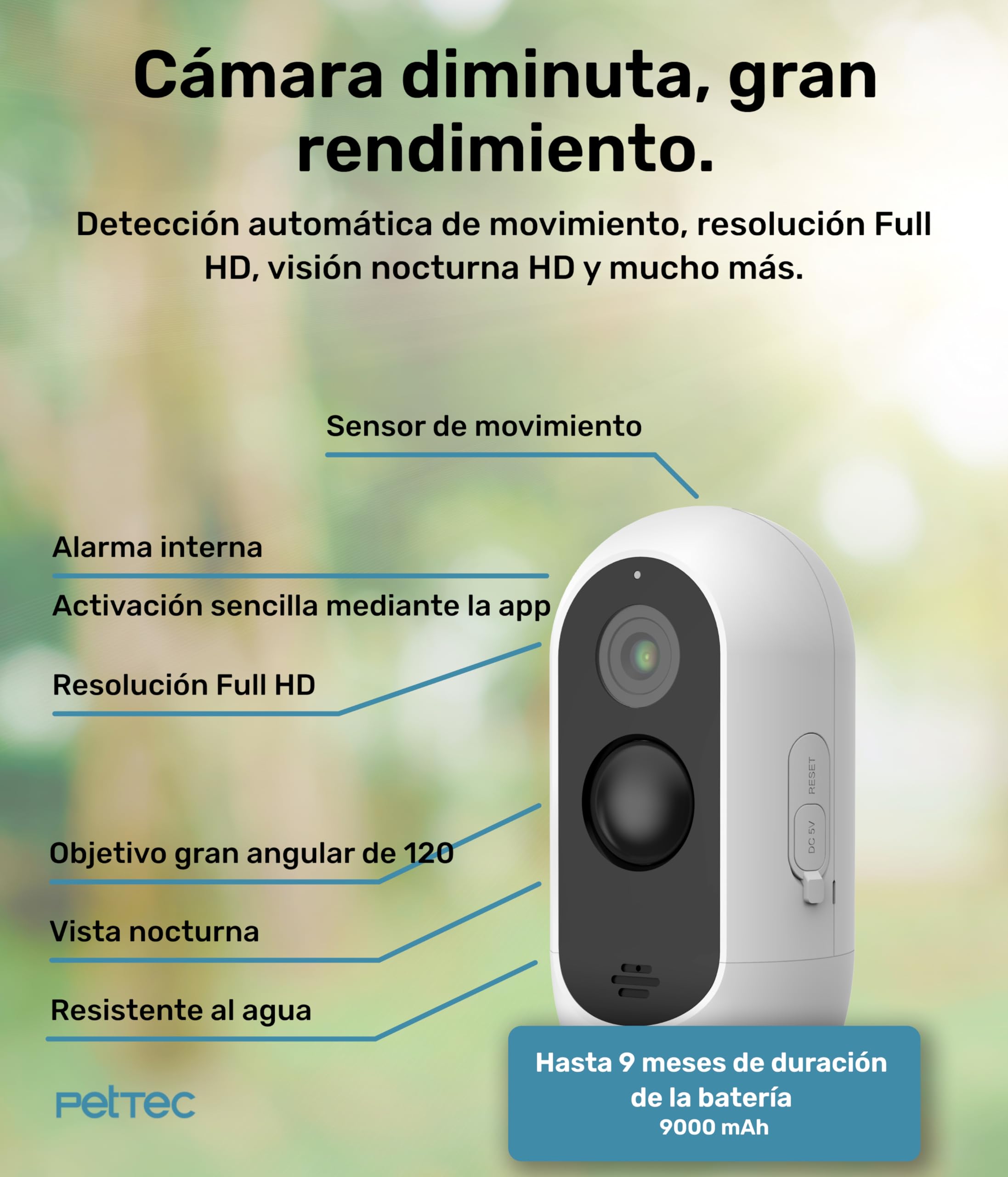 PetTec® CAM Free - Cámara Inalámbrica para Mascotas con App [SIN SUSCRIPCIÓN] - para Gatos y Perros, Interior/Exterior - Detección de Movimiento, Función de Voz - Batería hasta 9 Meses sin Cargar