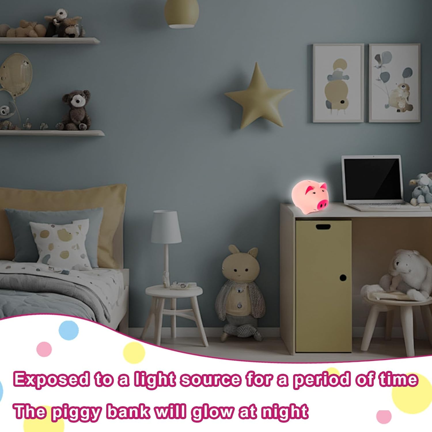 Pink piggy bank glowing in a child's room at night