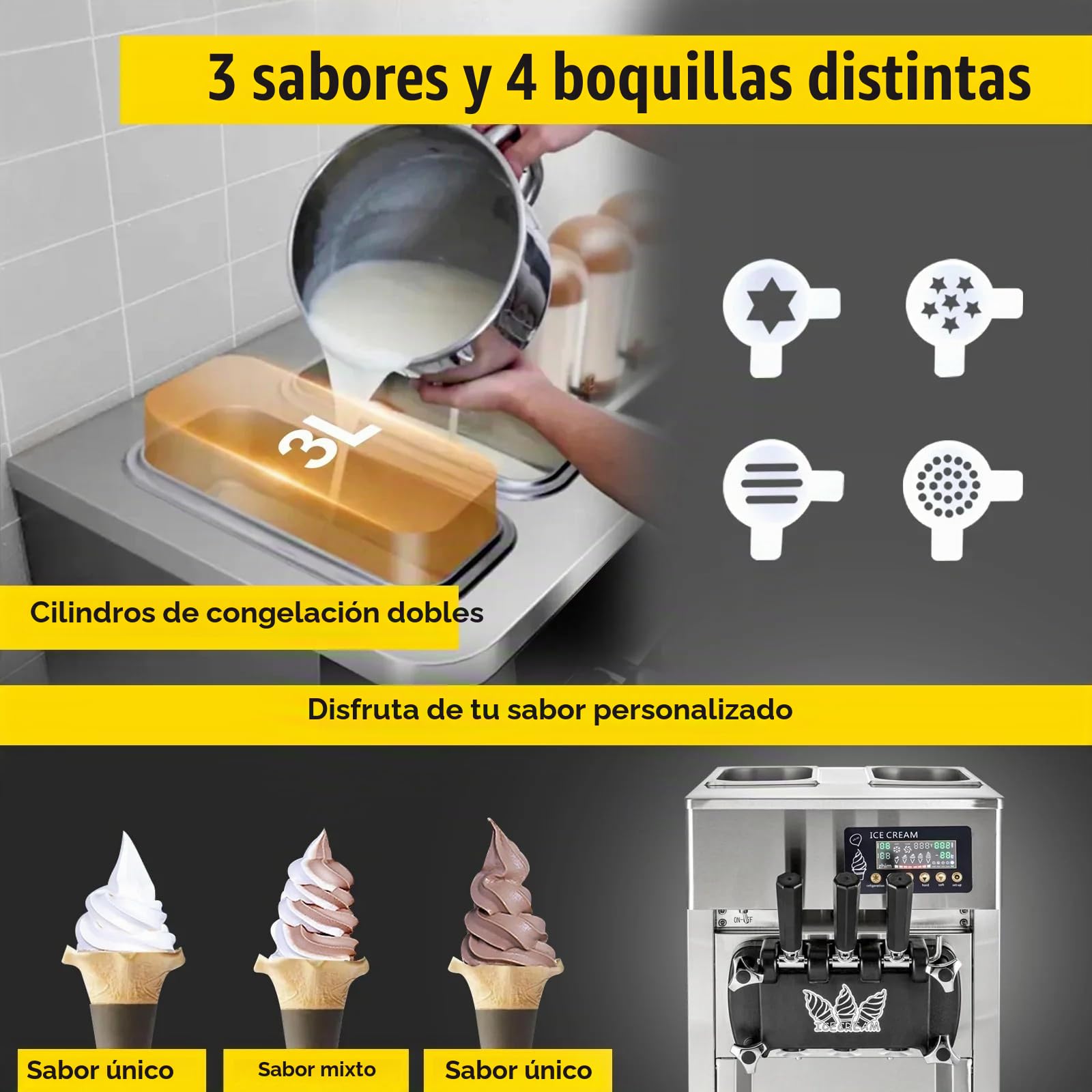 Máquina de Helados Comercial 2X3L 1200W 18L/h 3 Sabores Máquina para Hacer Helados servicio suave con Panel LCD Limpieza Automática para Yogur Café Snack-bars Restaurante Mercado Tienda