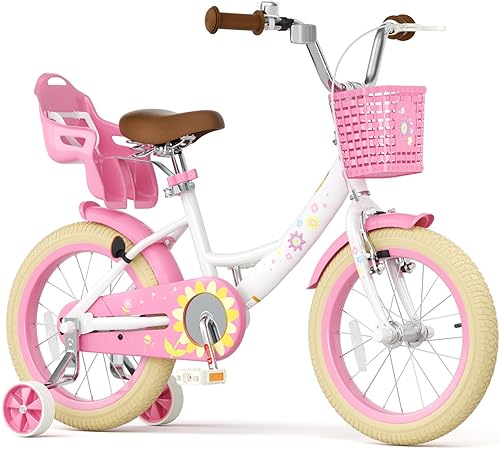 Miniatura 22 de Glaf Bicicleta para niñas de 12, 14, 16, 20 pulgadas, con ruedas de entrenamiento para niños de 2 a 12 años, bicicleta con cesta y asiento de
