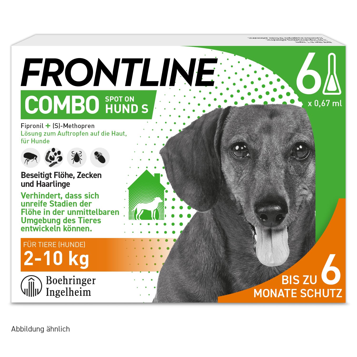 FRONTLINE Combo Hund S gegen Zecken, Flöhe & Haarlinge (2 bis 10 kg) | 6x Pipetten für bis zu 6 Monate Schutz - auch gegen Floheier, Larven & Puppen im Haushalt - wasserfest - für kleine Hunde